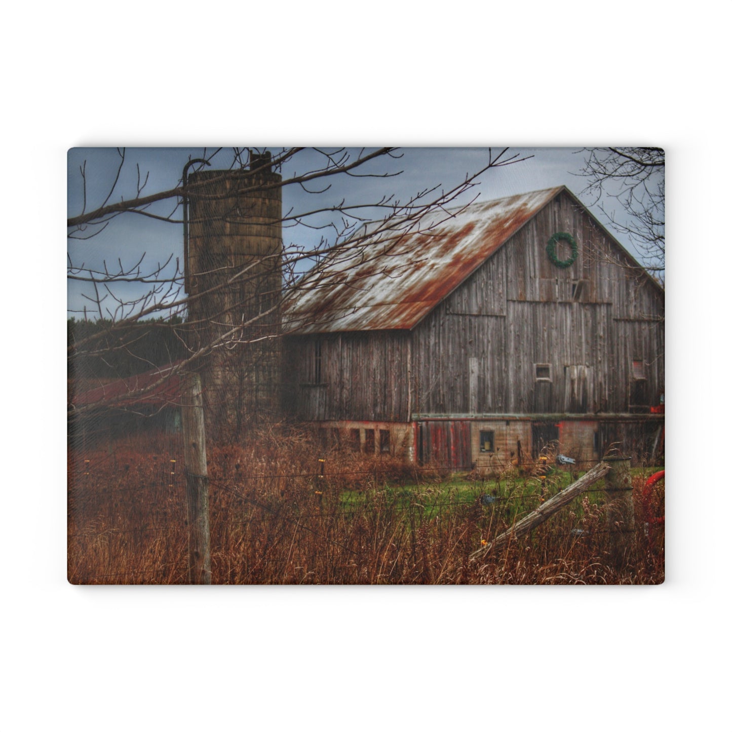 U R There Photography Churchill Christmas Barn II Rustic Farmhouse Tempered-Glass Cutting Board