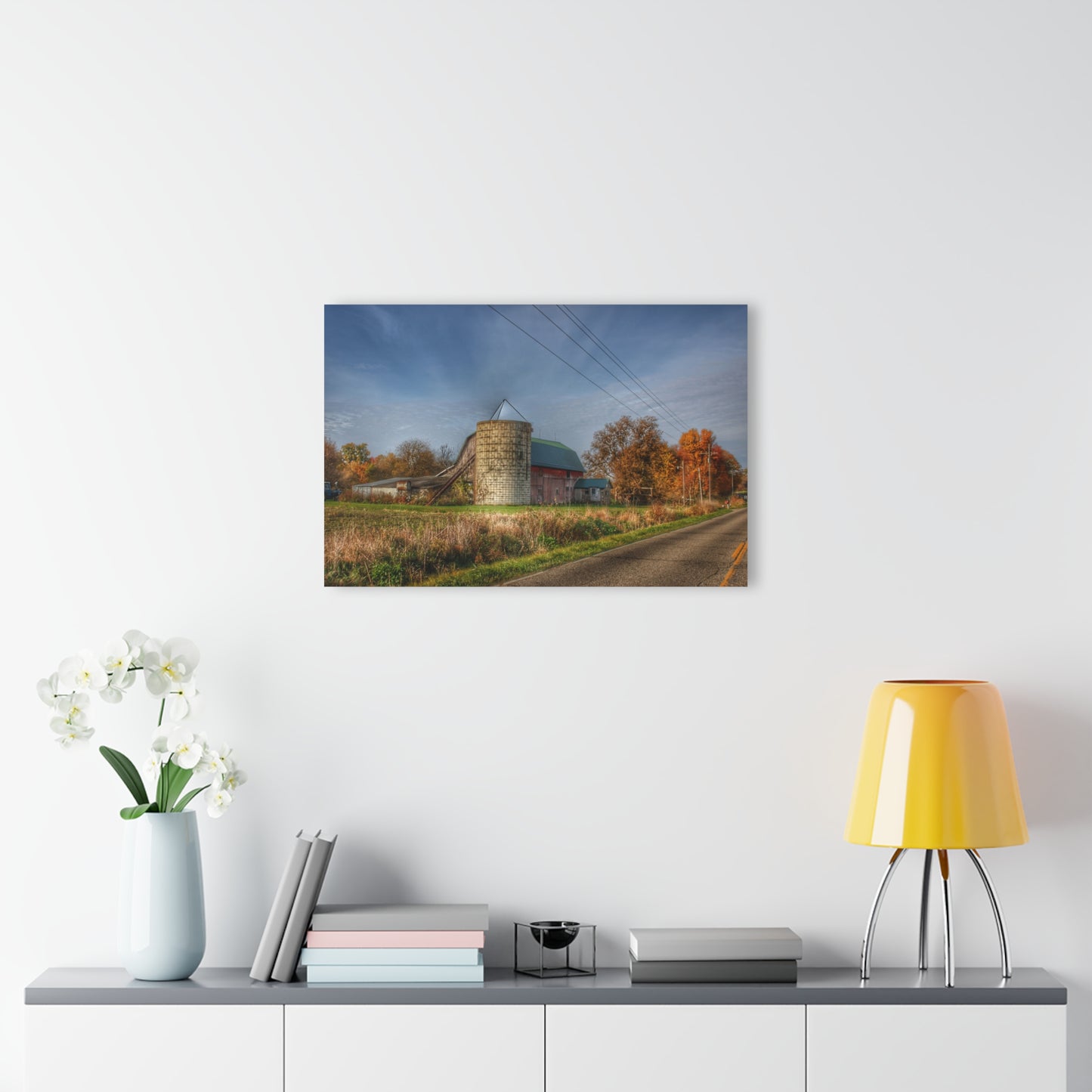 U R There Photography Plumb Creek Road Red in Fall I Rustic Farmhouse Acrylic Wall Print