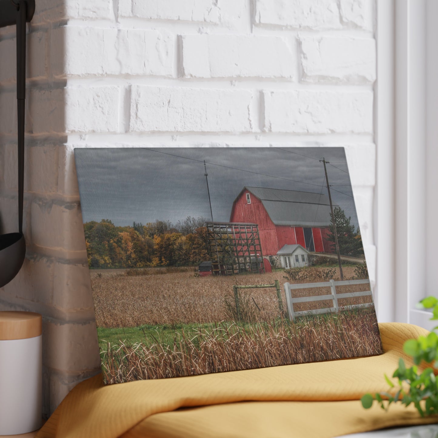 U R There Photography Barnes Road Red in Fall Rustic Farmhouse Tempered-Glass Cutting Board
