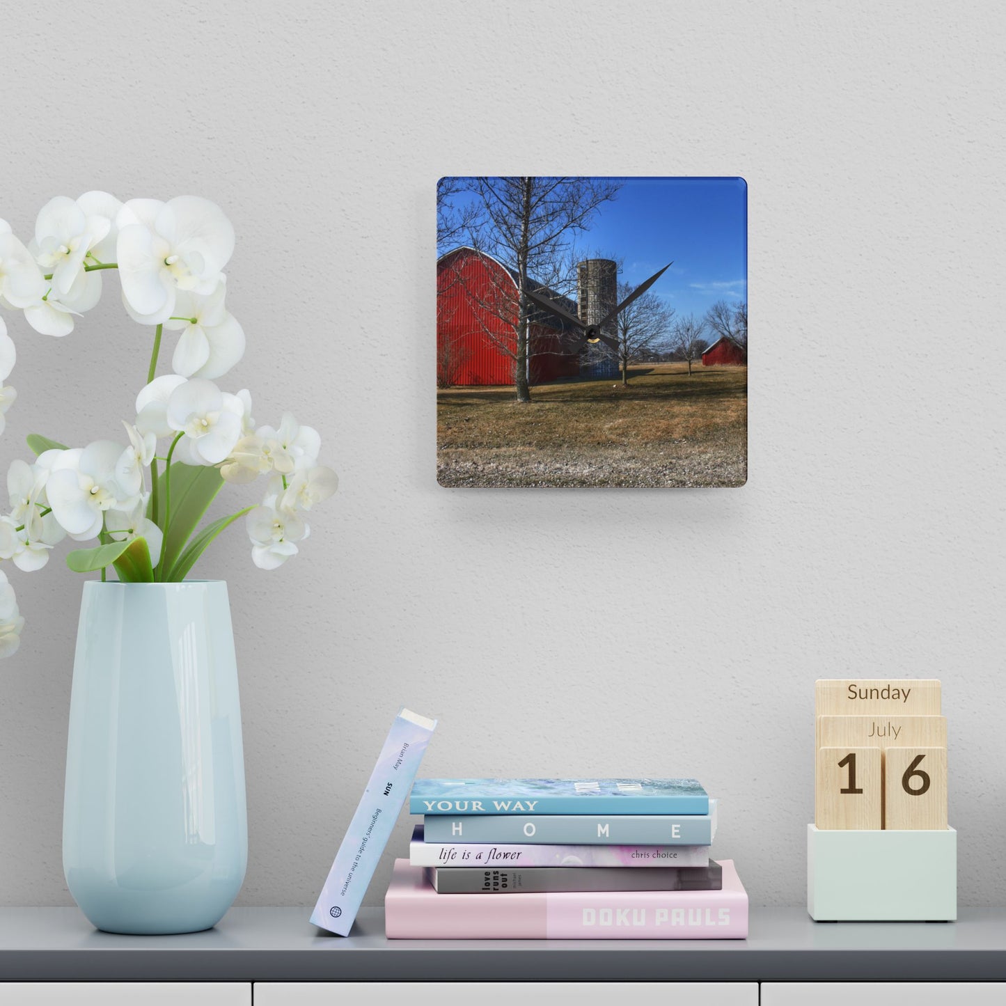 U R There Photography Romeo Plank Road Reds I Rustic Farmhouse Acrylic Analog Wall Clock