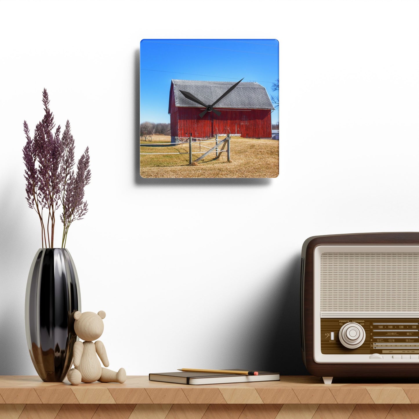 U R There Photography Phillips Road Red Rustic Farmhouse Acrylic Analog Wall Clock