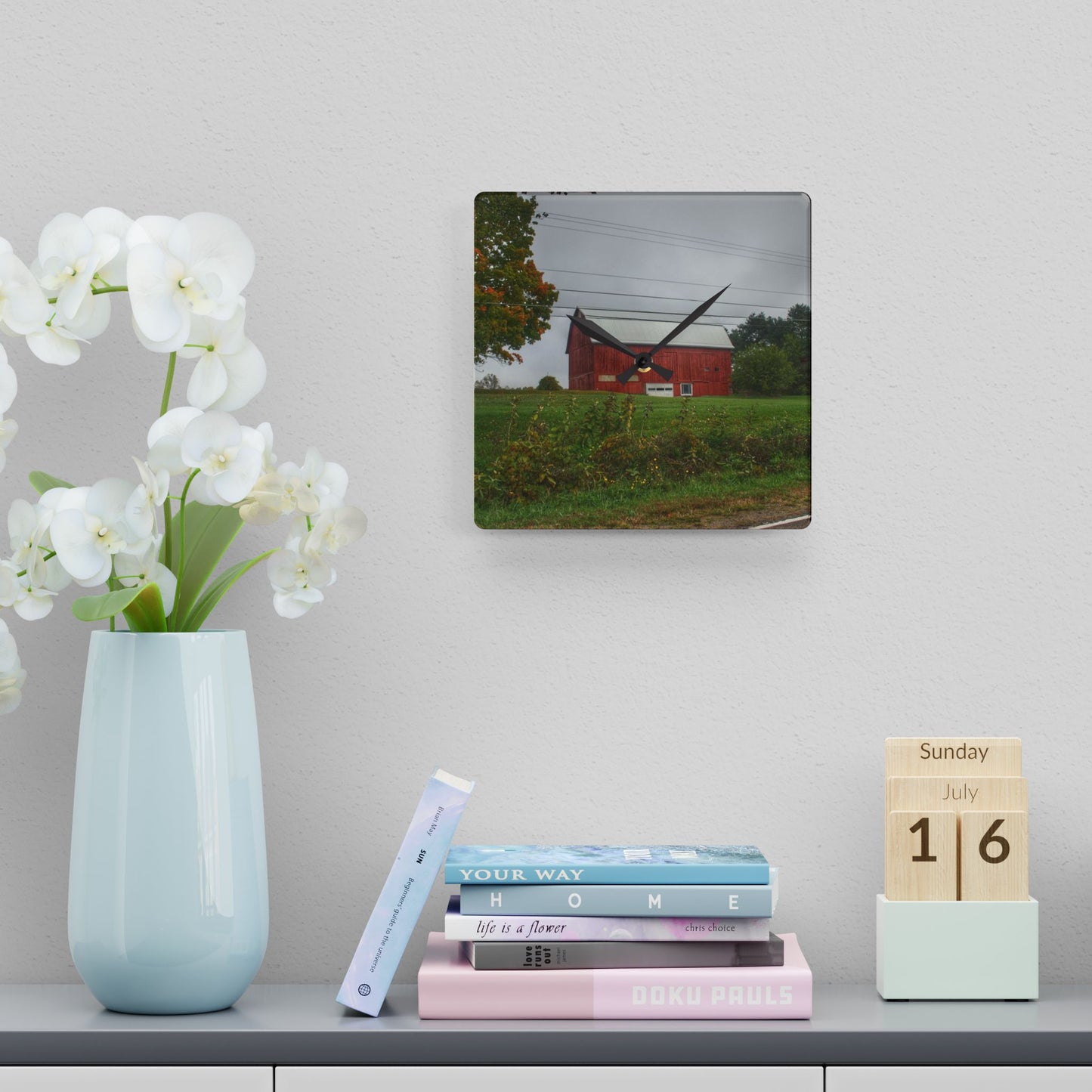 U R There Photography Bronson Lake Road Red Rustic Farmhouse Acrylic Analog Wall Clock