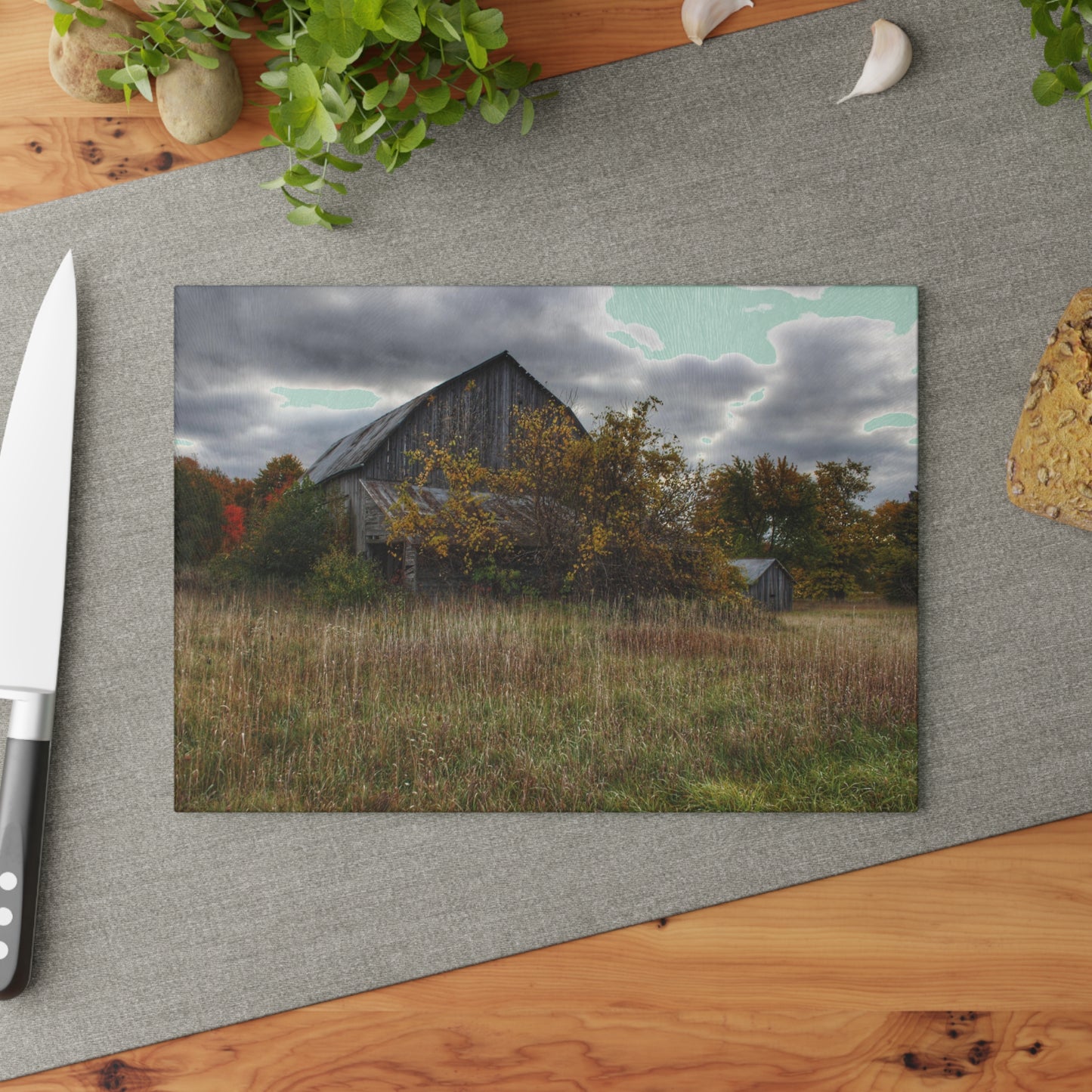 U R There Photography Church Road Grey V Rustic Farmhouse Tempered-Glass Cutting Board