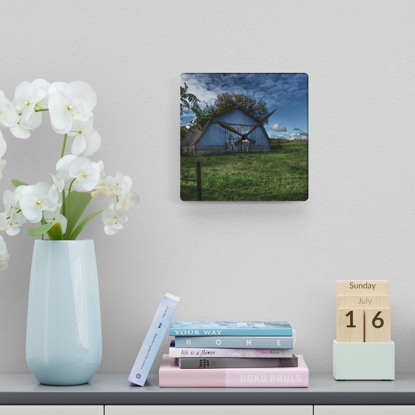 U R There Photography East Frances Quonset and Cows Rustic Farmhouse Acrylic Analog Wall Clock