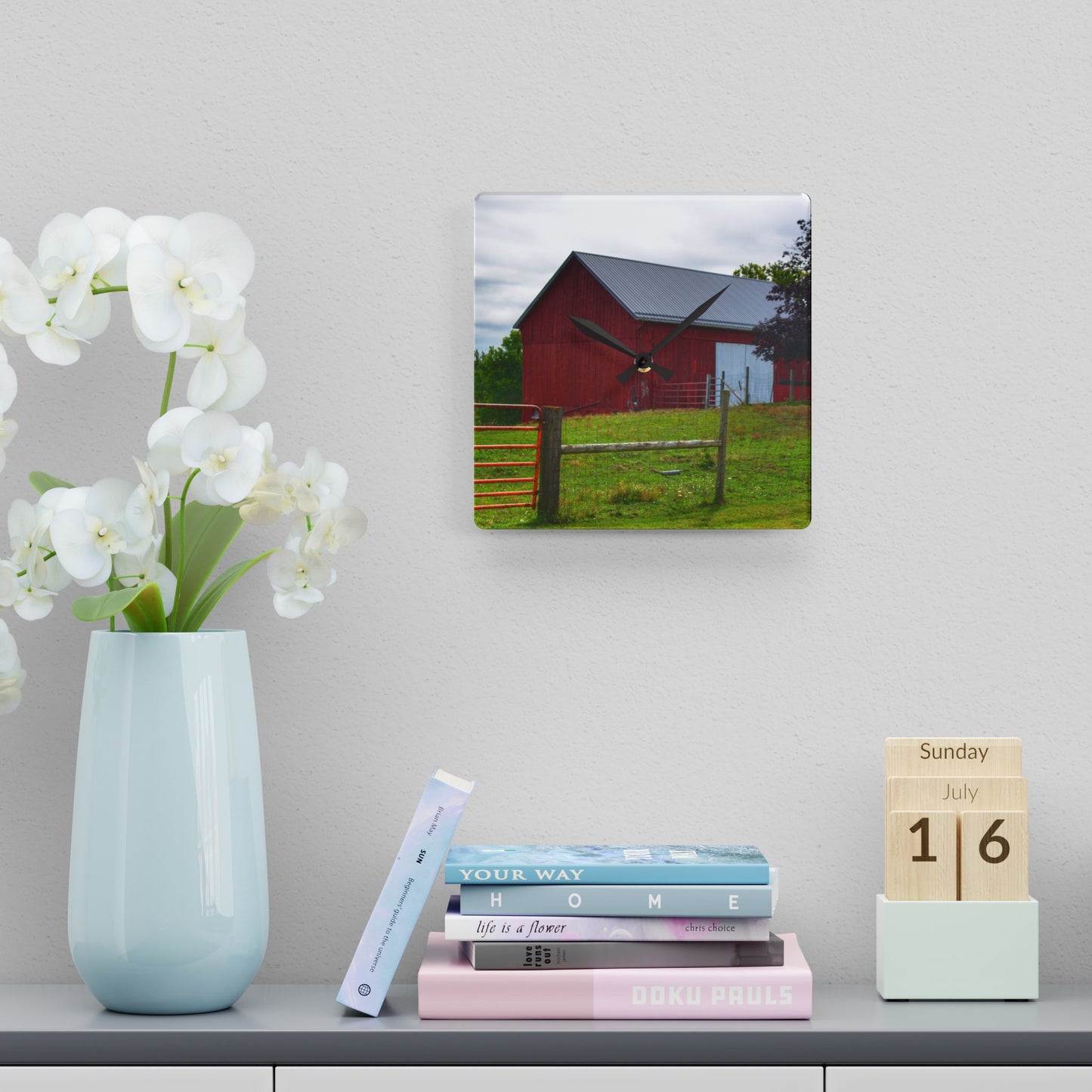 U R There Photography Slattery Red Rustic Farmhouse Acrylic Analog Wall Clock