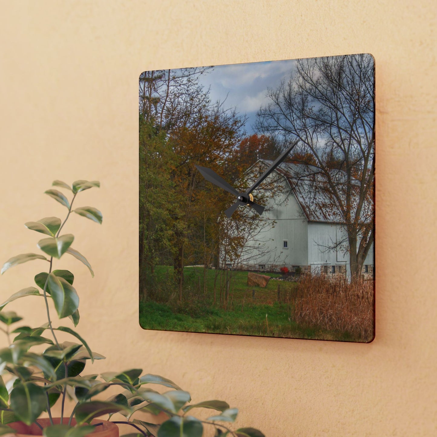 U R There Photography East Oakwood White Rustic Farmhouse Acrylic Analog Wall Clock
