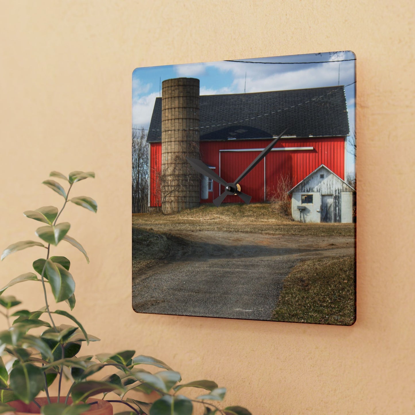 U R There Photography Mayville Road Red and Silo Rustic Farmhouse Acrylic Analog Wall Clock