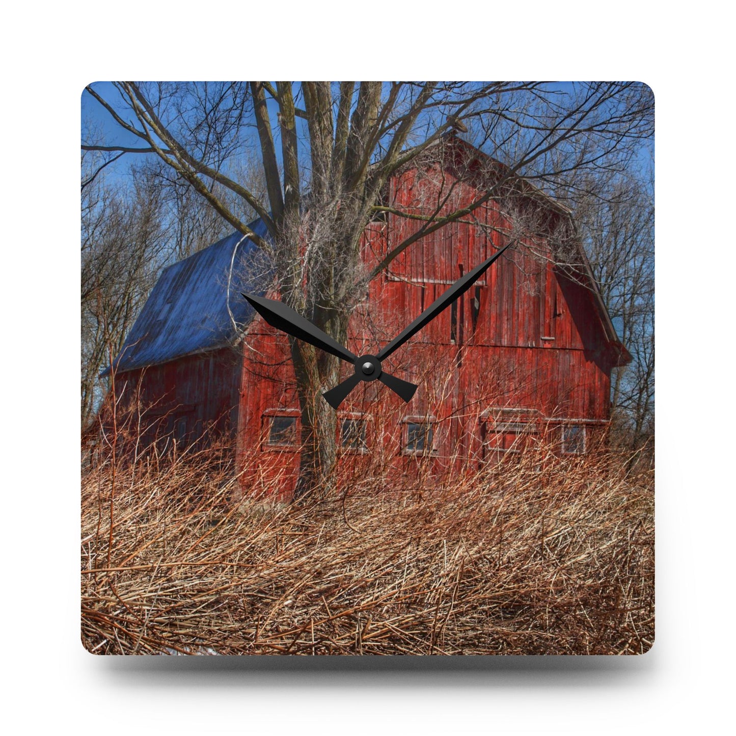 U R There Photography East Dodge Road Red Rustic Farmhouse Acrylic Analog Wall Clock
