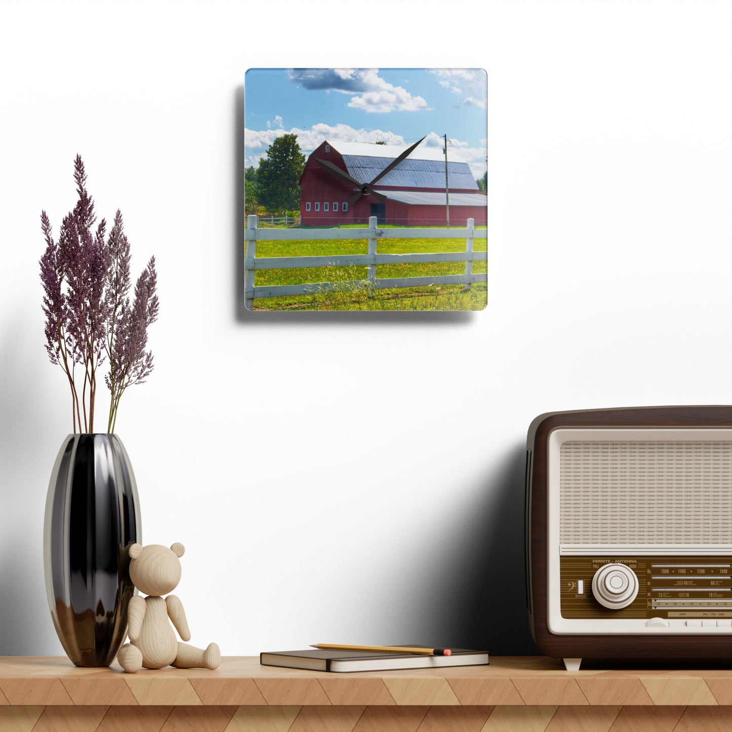 U R There Photography Burt Road Red Rustic Farmhouse Acrylic Analog Wall Clock