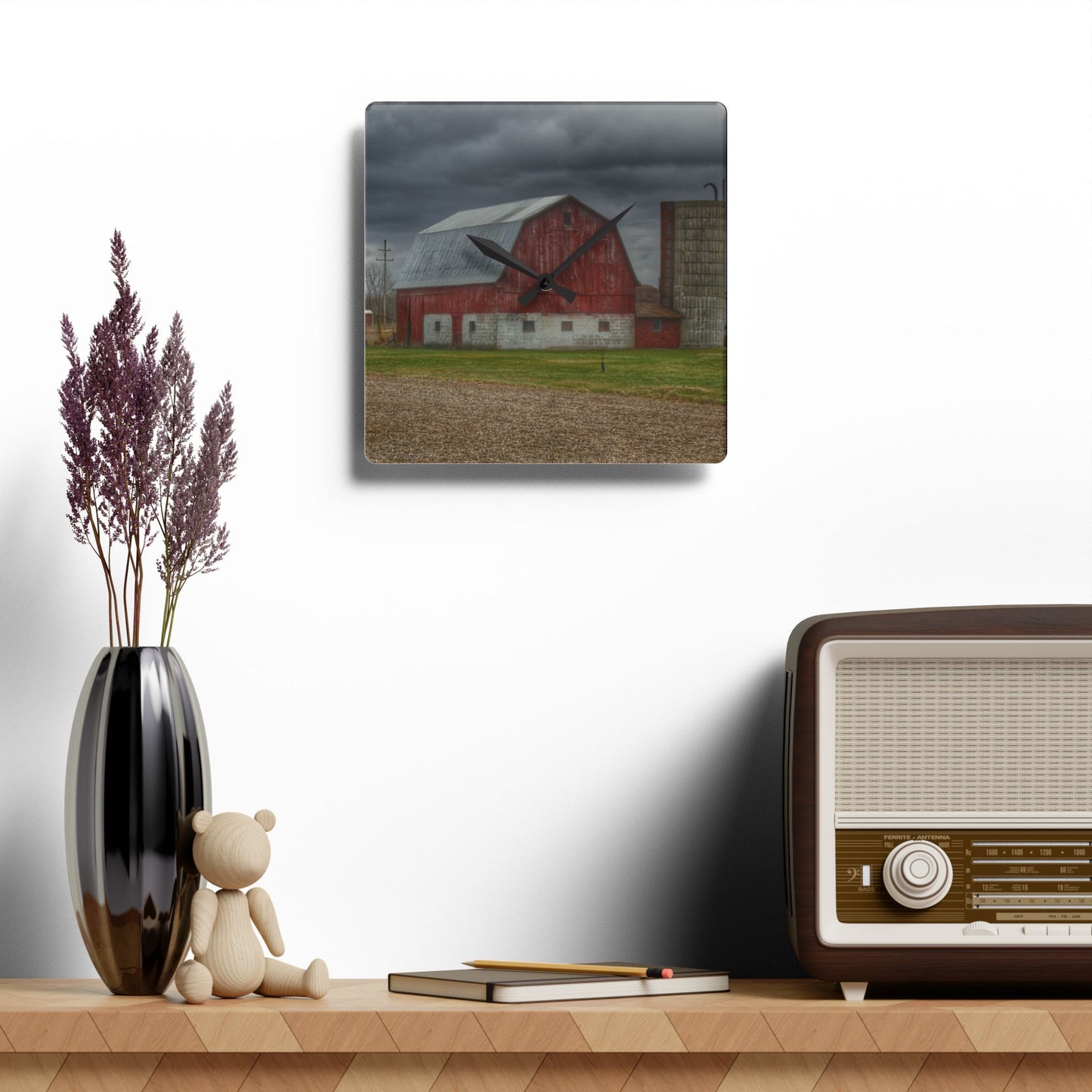U R There Photography Murray Road Red Rustic Farmhouse Acrylic Analog Wall Clock