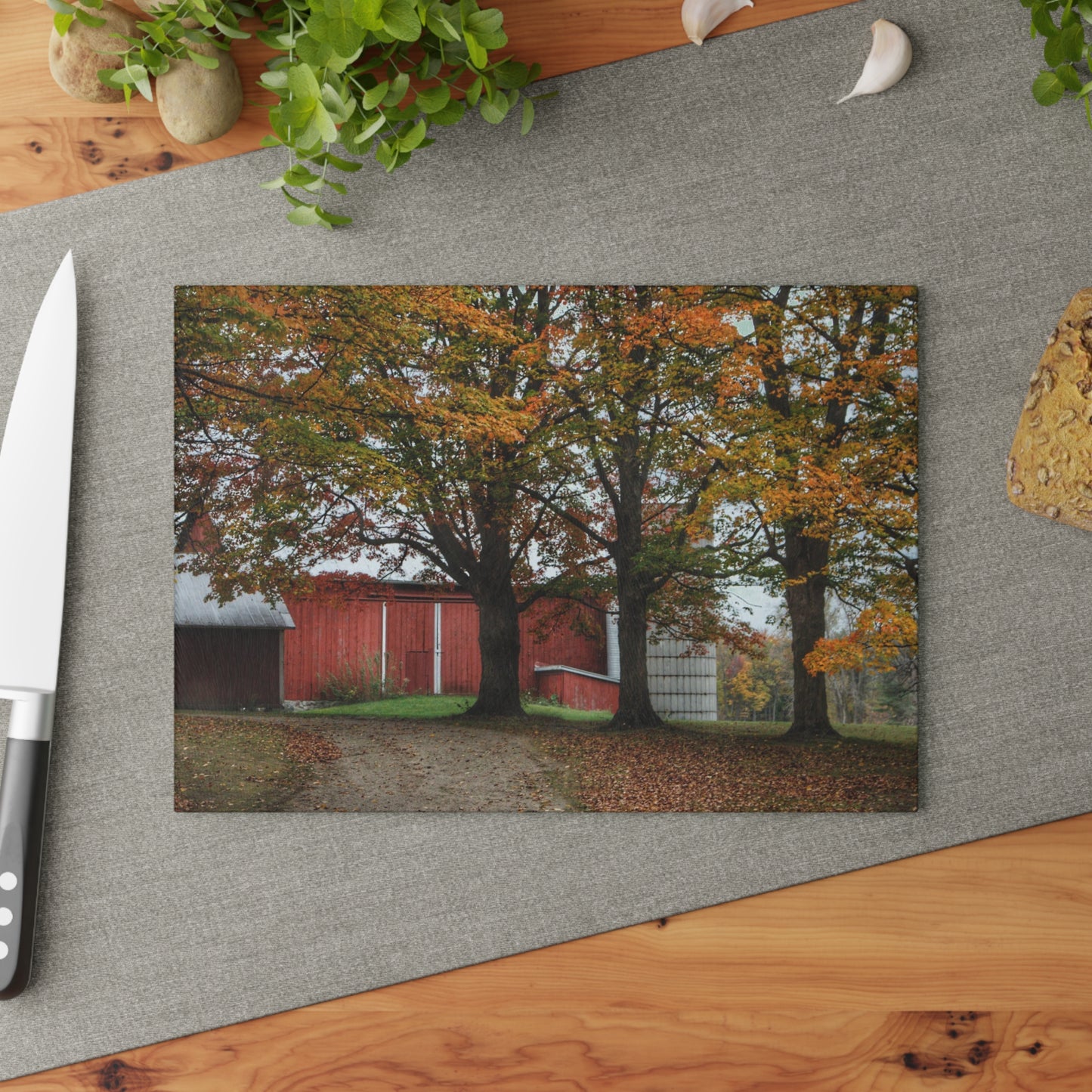 U R There Photography Brown Road Red in the Fall Rustic Farmhouse Tempered-Glass Cutting Board
