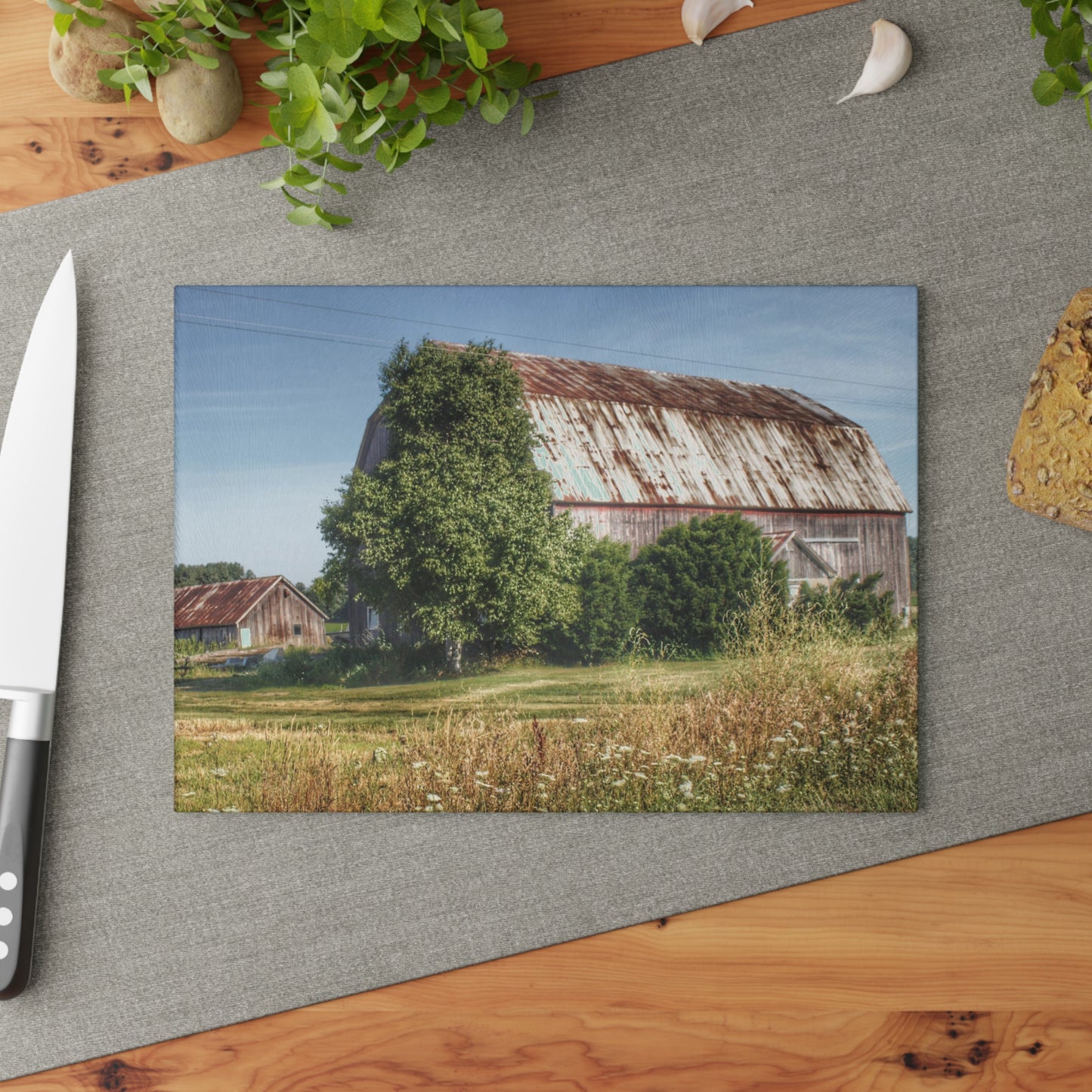 U R There Photography Barkley Road Red in Summer II Rustic Farmhouse Tempered-Glass Cutting Board