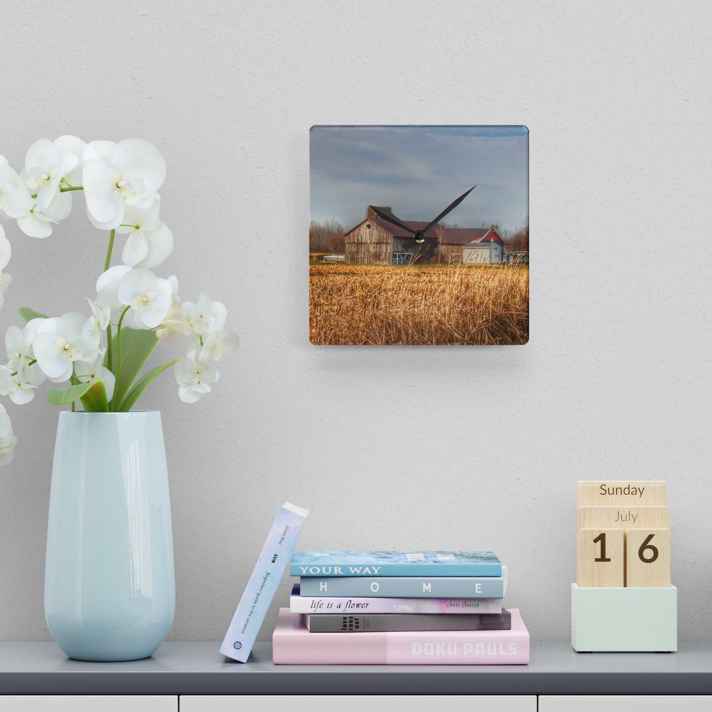 U R There Photography North Center Road Grey Rustic Farmhouse Acrylic Analog Wall Clock