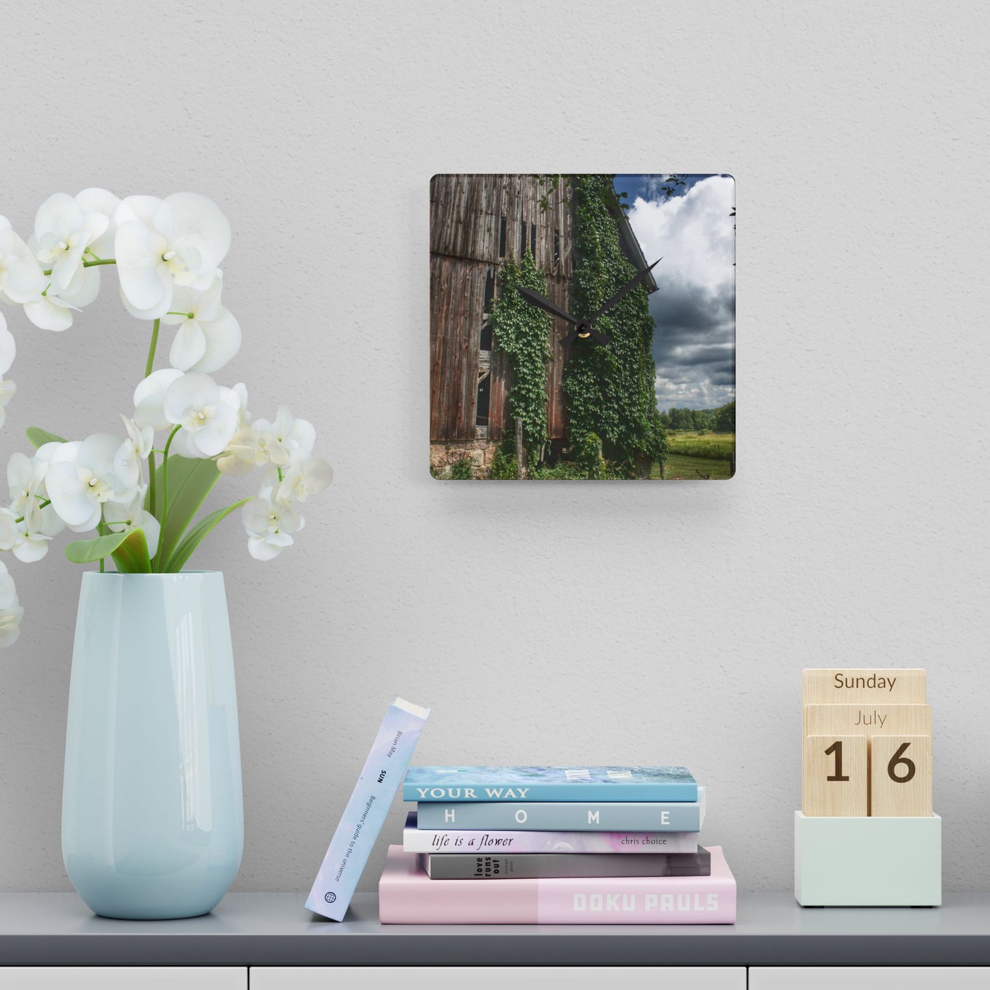 U R There Photography North Branch Ivy Grey II Rustic Farmhouse Acrylic Analog Wall Clock
