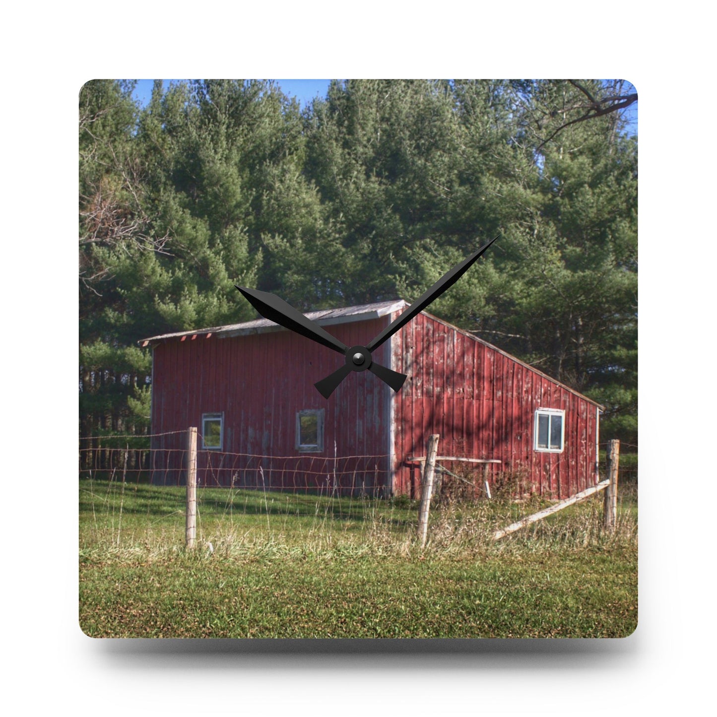 U R There Photography Little Red Shack Rustic Farmhouse Acrylic Analog Wall Clock