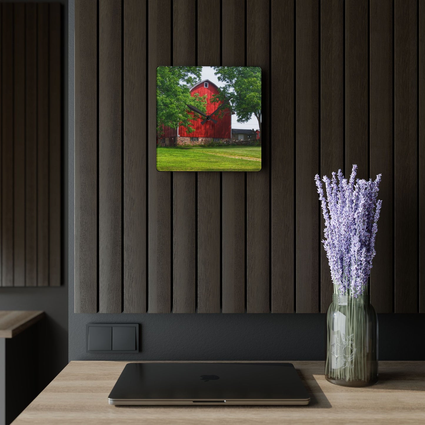 U R There Photography Summer Fieldstone Red Rustic Farmhouse Acrylic Analog Wall Clock