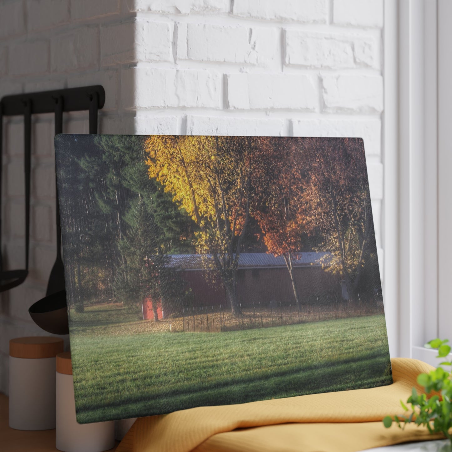 U R There Photography Red Barn on Foggy Fall Morning Rustic Farmhouse Tempered-Glass Cutting Board