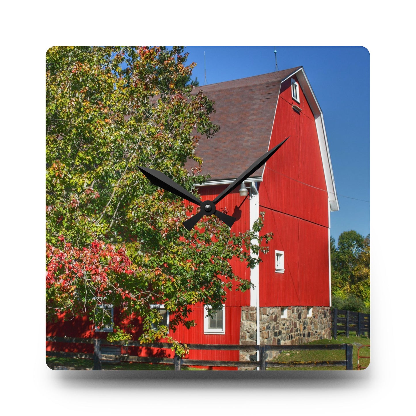 U R There Photography Oakwood Road Red Rustic Farmhouse Acrylic Analog Wall Clock