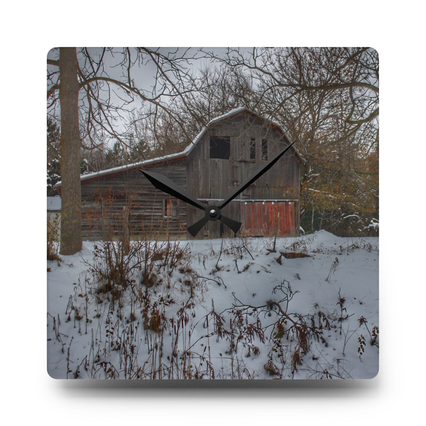 U R There Photography Hayes Road Grey in Winter II Rustic Farmhouse Acrylic Analog Wall Clock