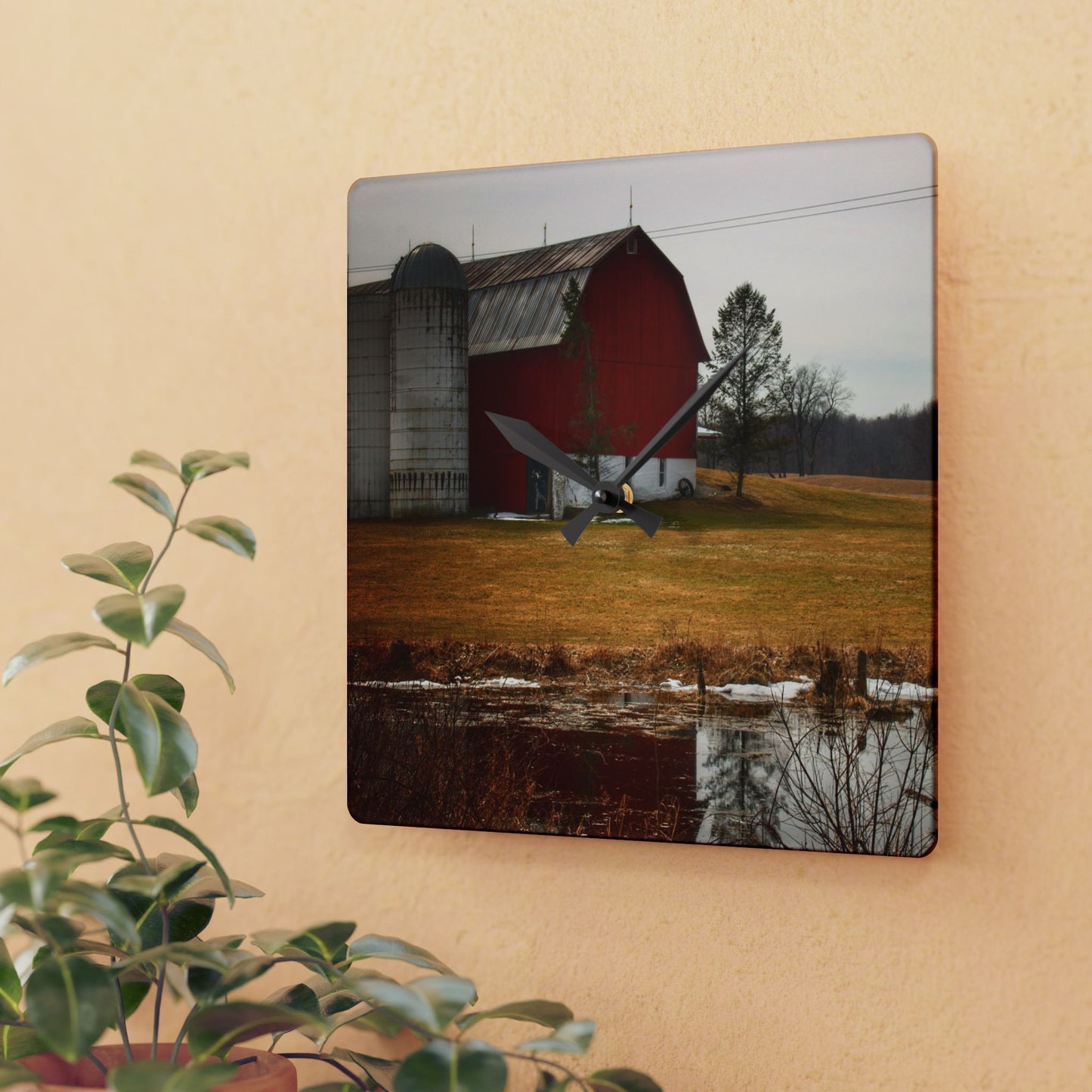 U R There Photography Havens Road Red Rustic Farmhouse Acrylic Analog Wall Clock