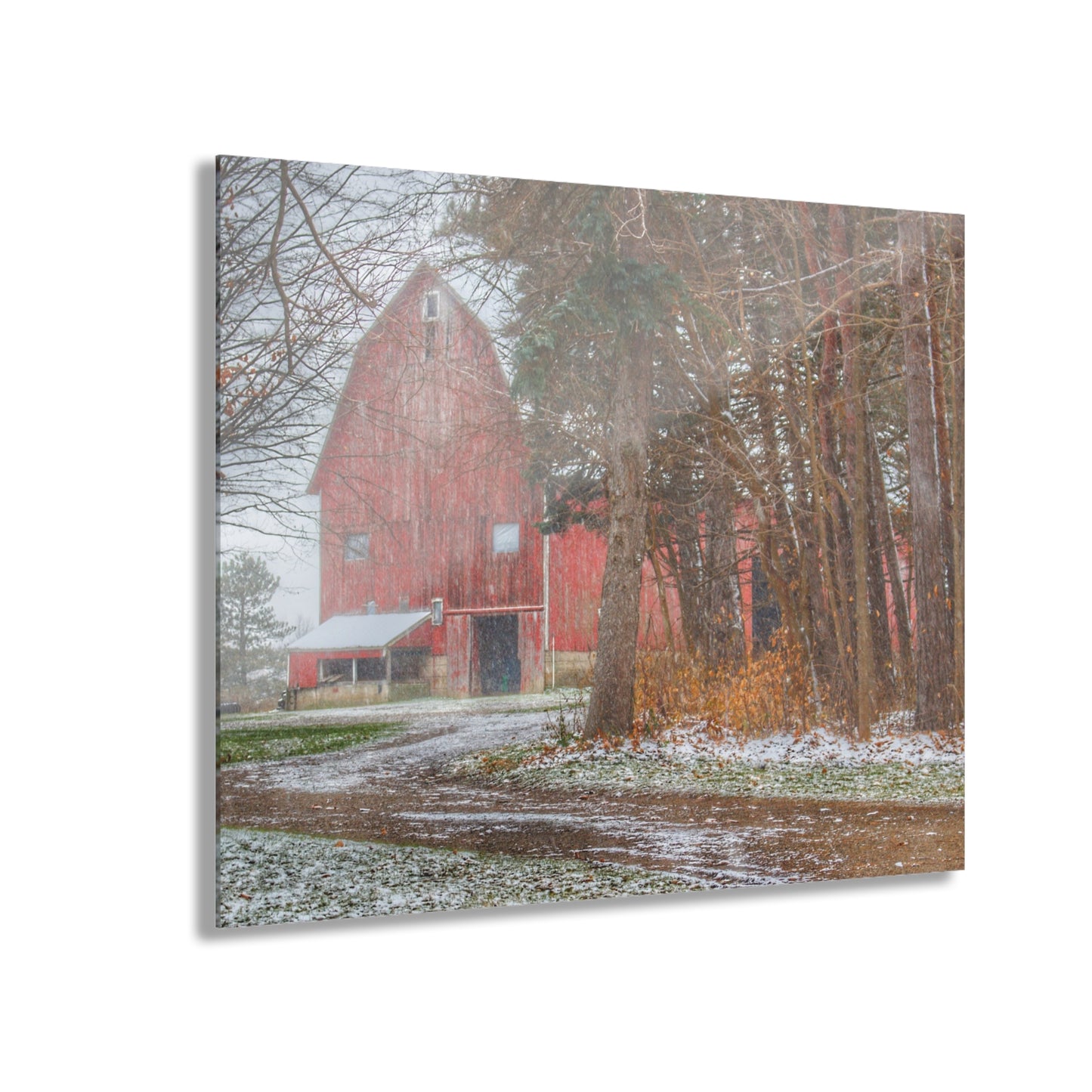U R There Photography Tubspring Road Hidden Winter Red Rustic Farmhouse Acrylic Wall Print