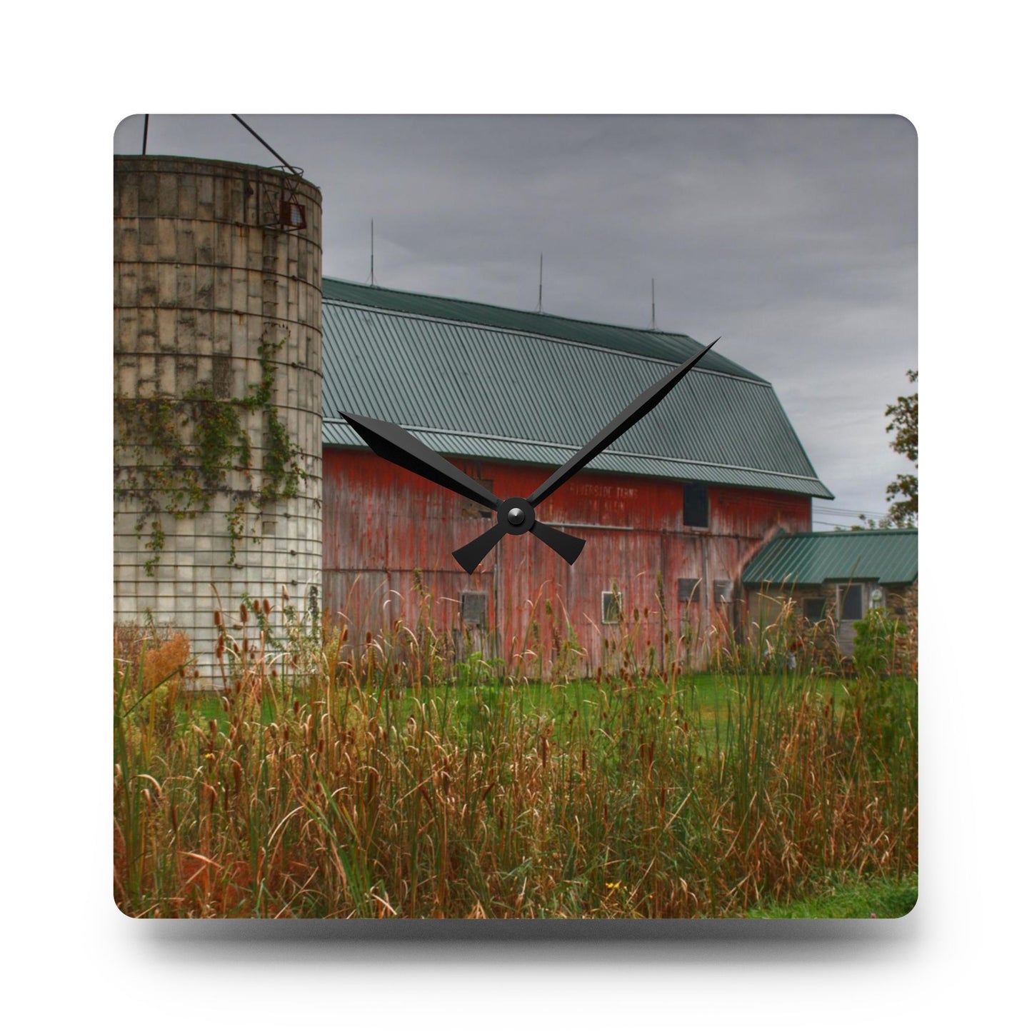 U R There Photography Plumb Creek Road Red II Rustic Farmhouse Acrylic Analog Wall Clock