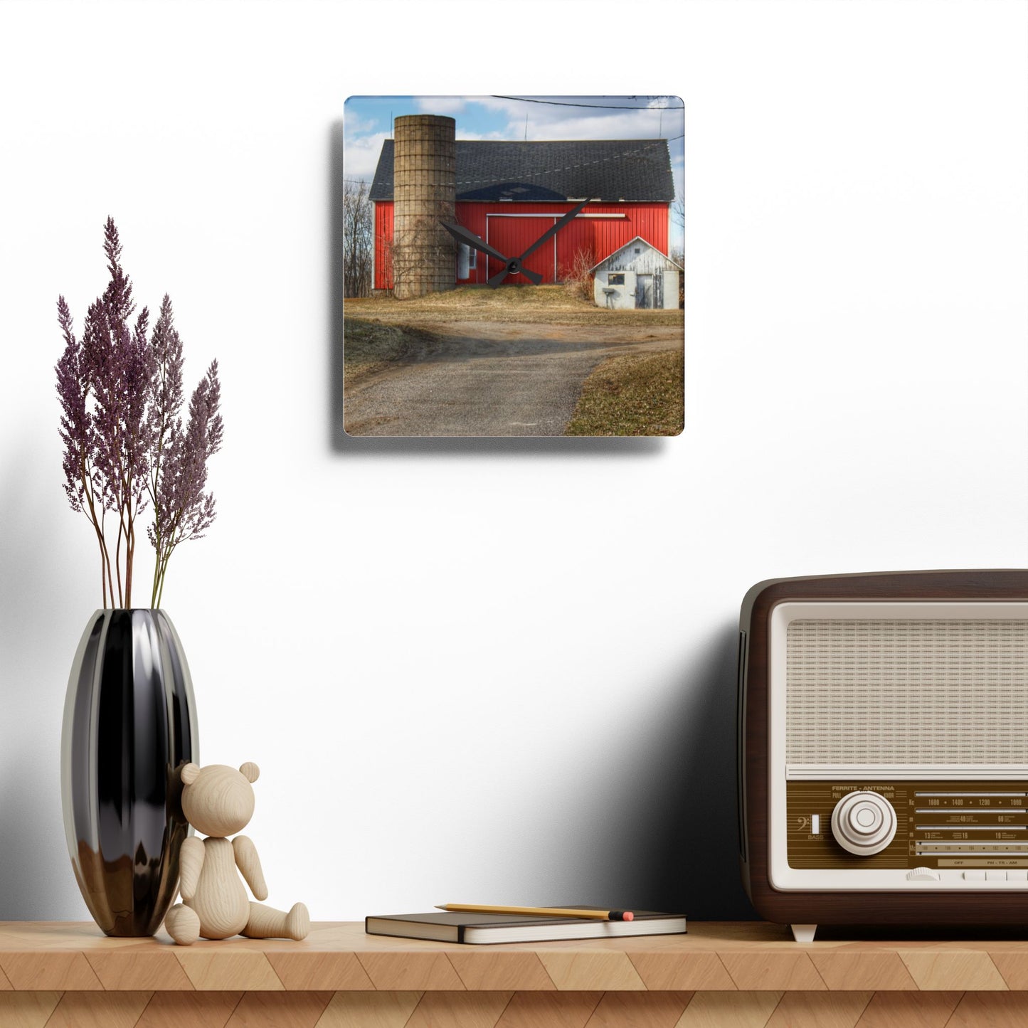 U R There Photography Mayville Road Red and Silo Rustic Farmhouse Acrylic Analog Wall Clock