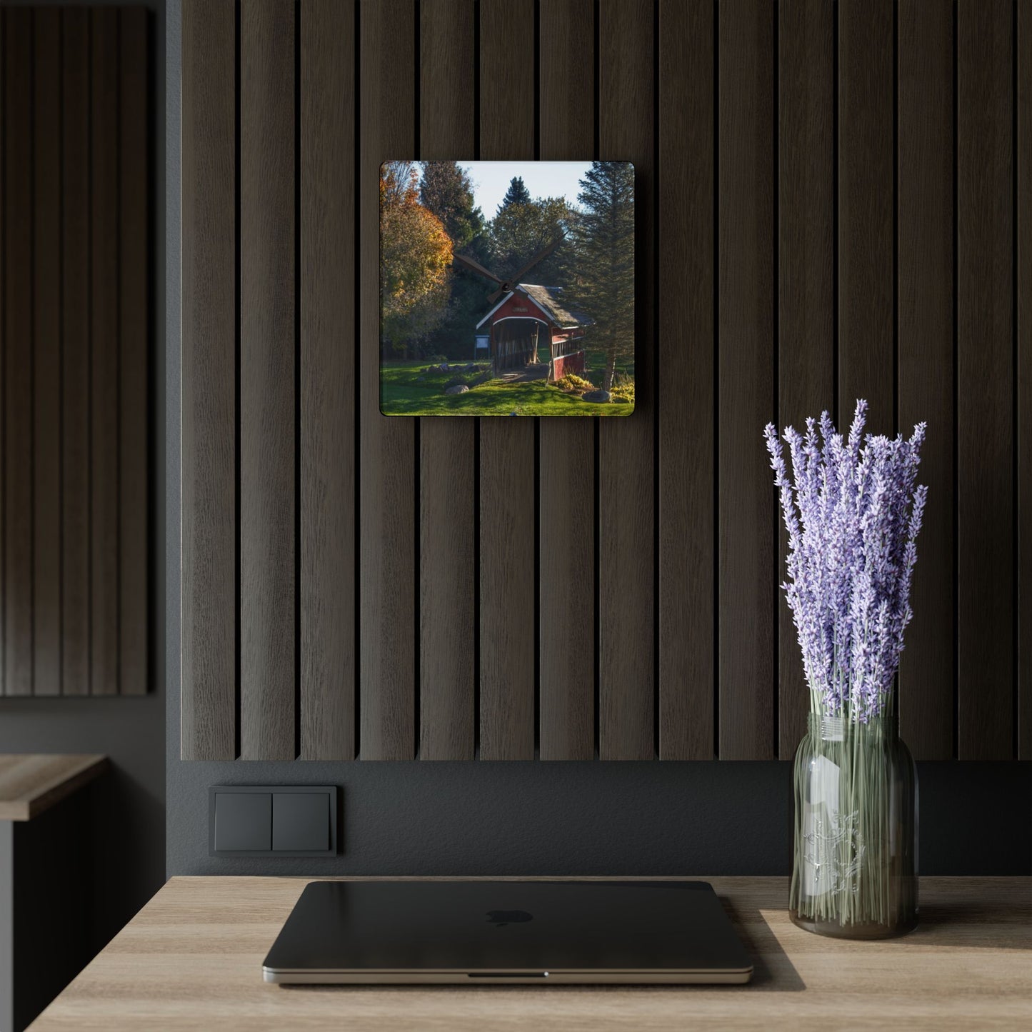 U R There Photography Hadley Covered Bridge II Rustic Farmhouse Acrylic Analog Wall Clock