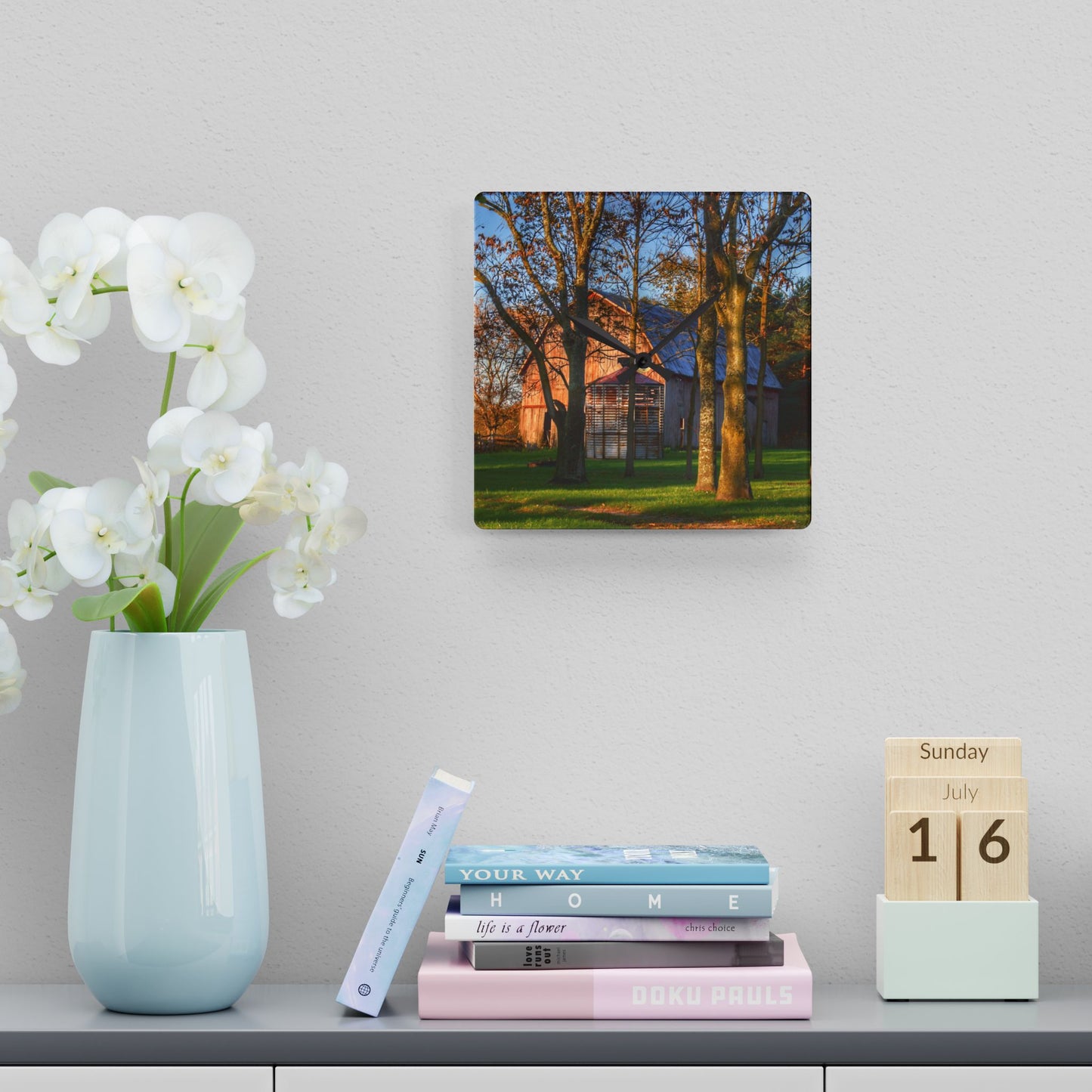 U R There Photography Hunters Creek Hidden Red Rustic Farmhouse Acrylic Analog Wall Clock