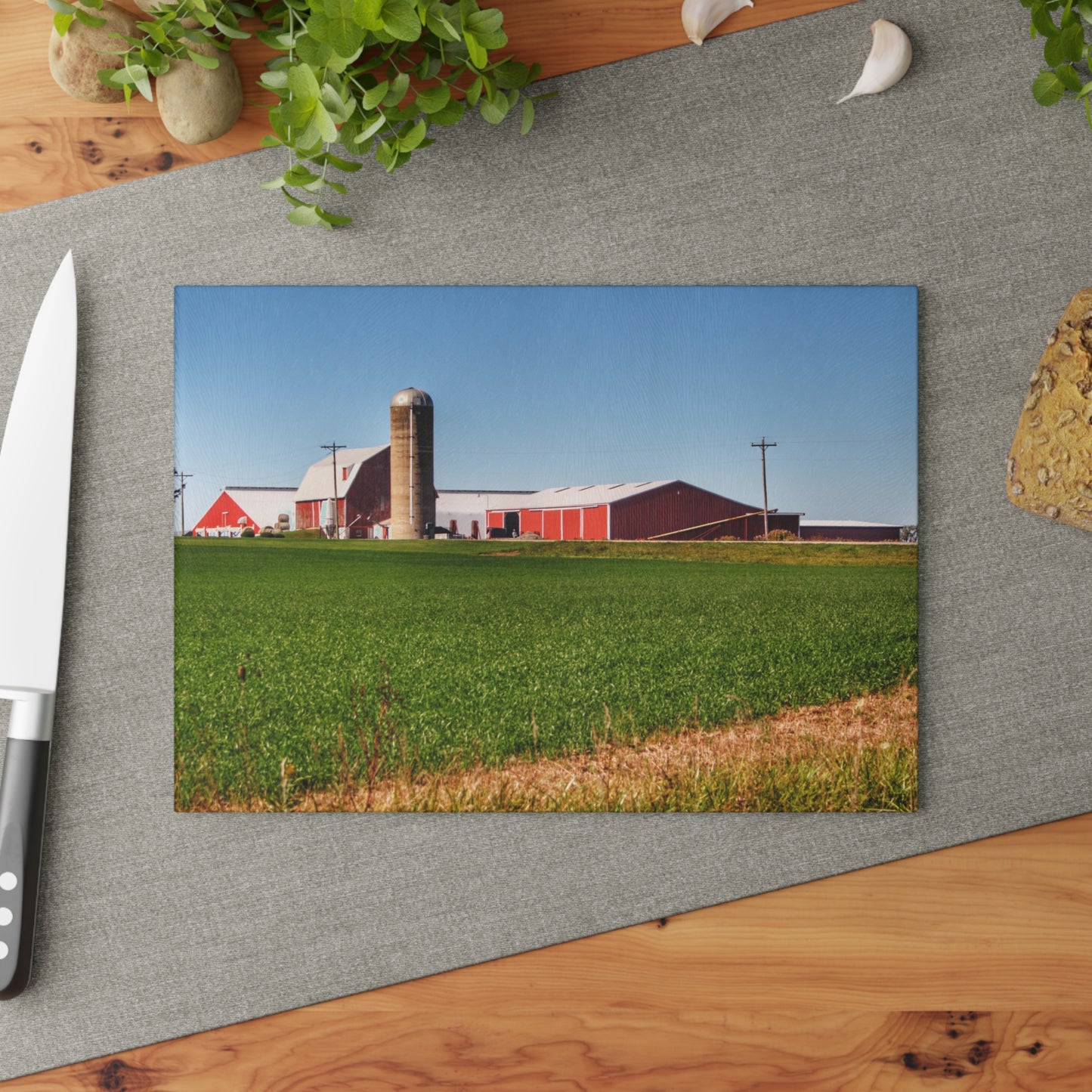 U R There Photography Pattison Road Farm Across the Field II Rustic Farmhouse Tempered-Glass Cutting Board