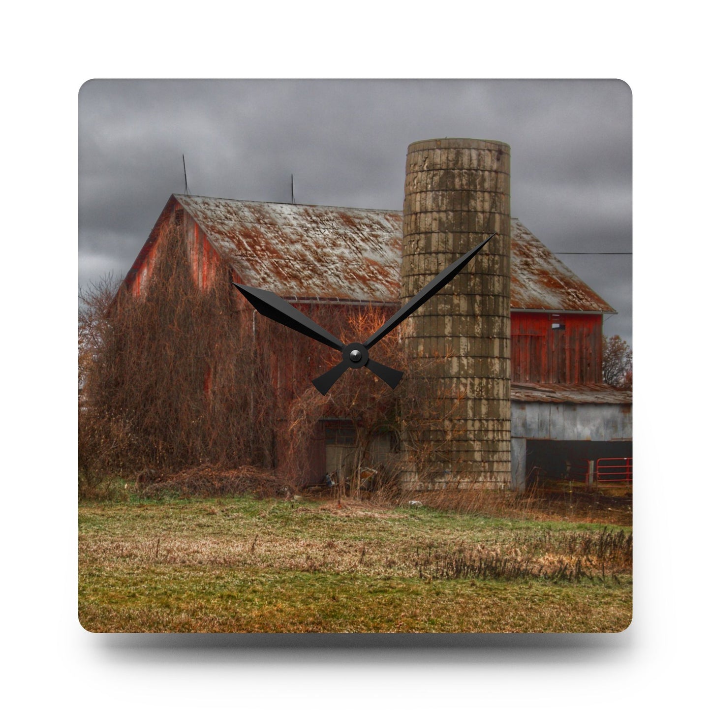 U R There Photography Slattery Road Old Red and Silo II Rustic Farmhouse Acrylic Analog Wall Clock