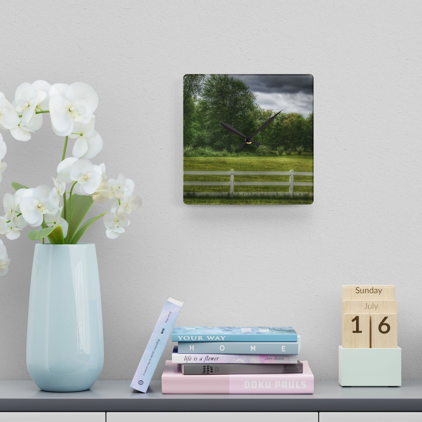 U R There Photography Beyond the White Fence Rustic Farmhouse Acrylic Analog Wall Clock