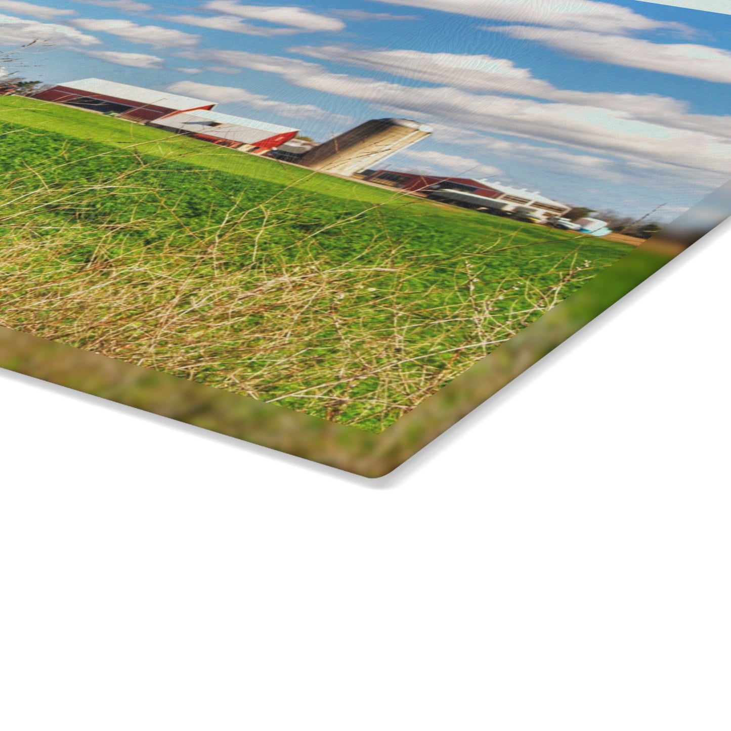 U R There Photography Pattison Road Farm Across the Field I Rustic Farmhouse Tempered-Glass Cutting Board