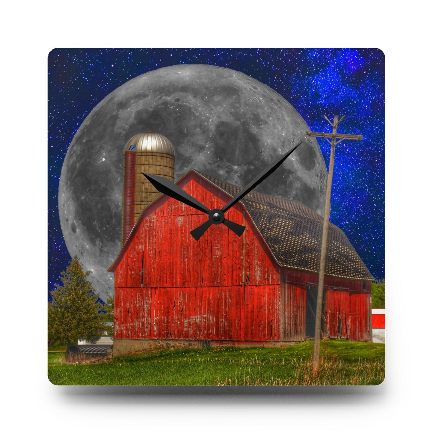 Rustic Farmhouse Wall Clock featuring Moon Over Hollenbeck