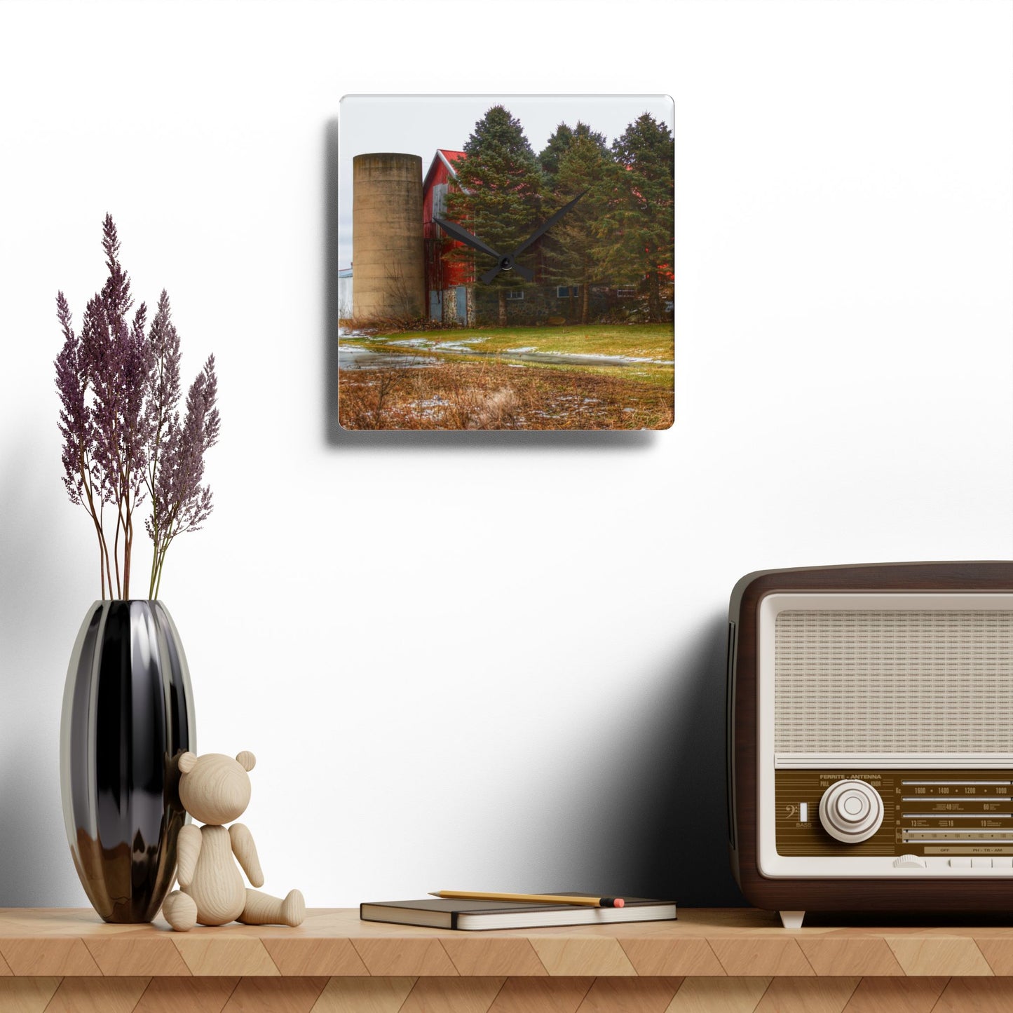 U R There Photography Laur Road Red Among the Pines III Rustic Farmhouse Acrylic Analog Wall Clock