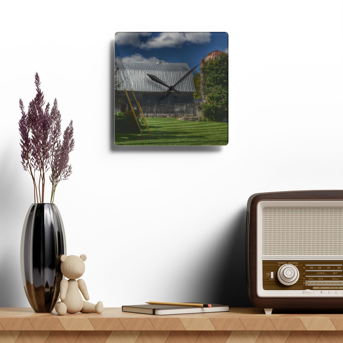 U R There Photography Ludwig Road Summer Grey and Silo Rustic Farmhouse Acrylic Analog Wall Clock