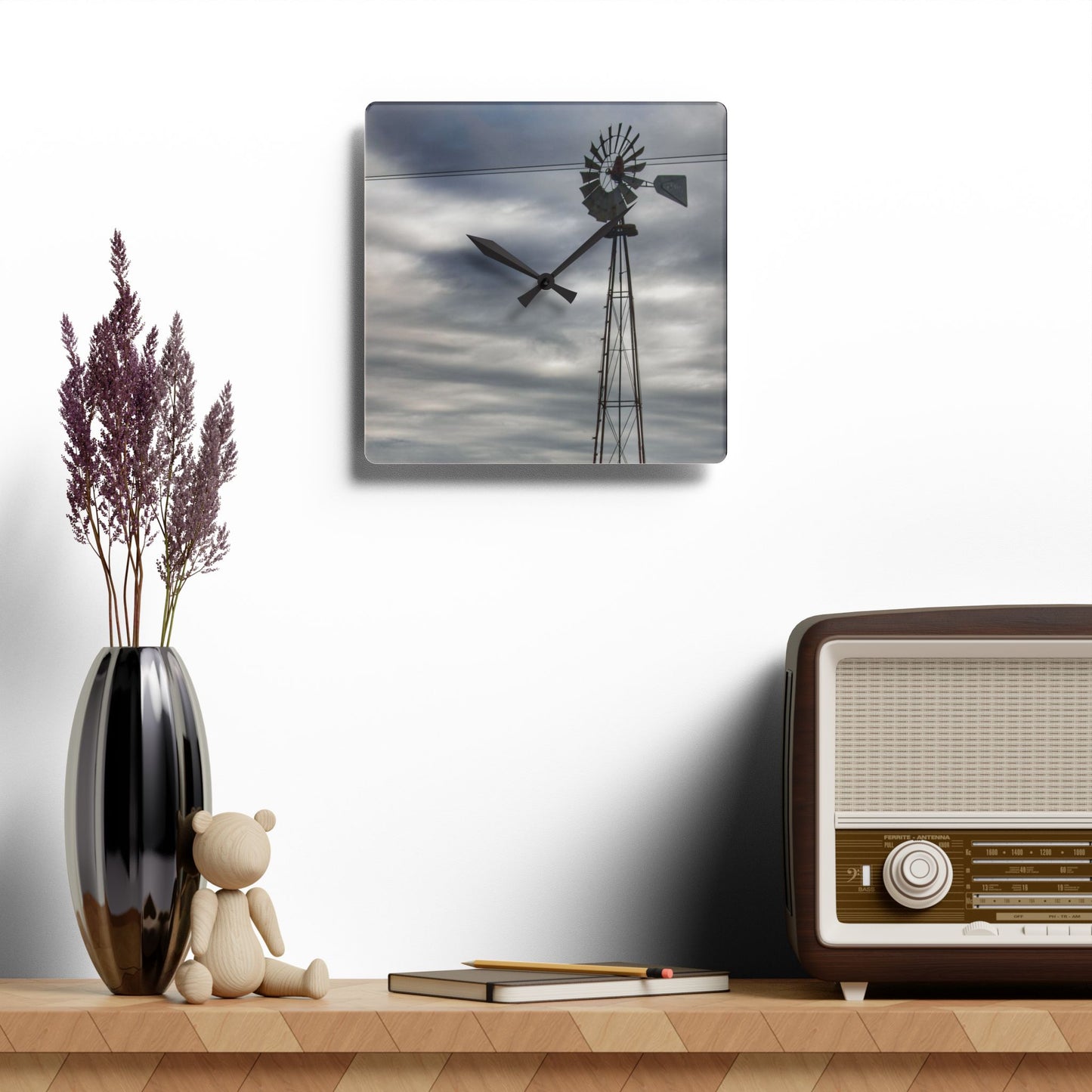 U R There Photography Valentine Road Windmill Rustic Farmhouse Acrylic Analog Wall Clock