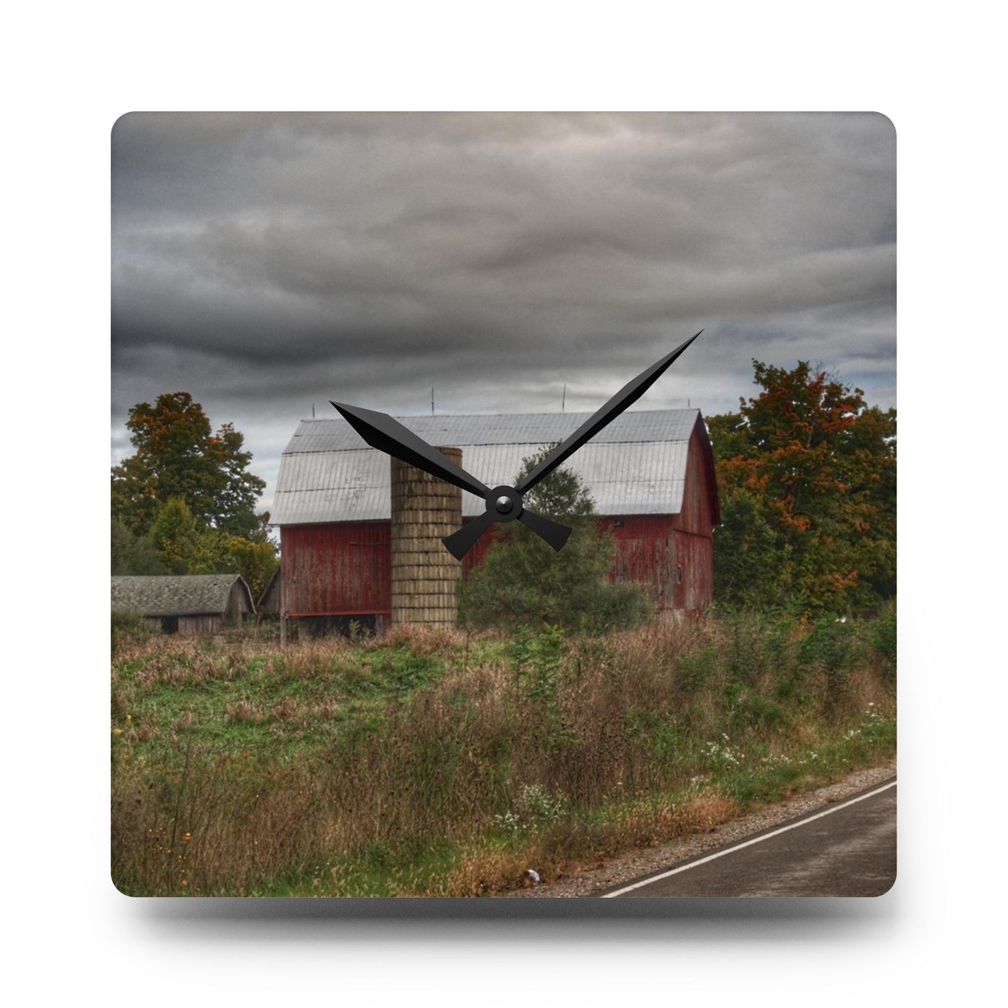 U R There Photography Columbiaville Red in Fall I Rustic Farmhouse Acrylic Analog Wall Clock