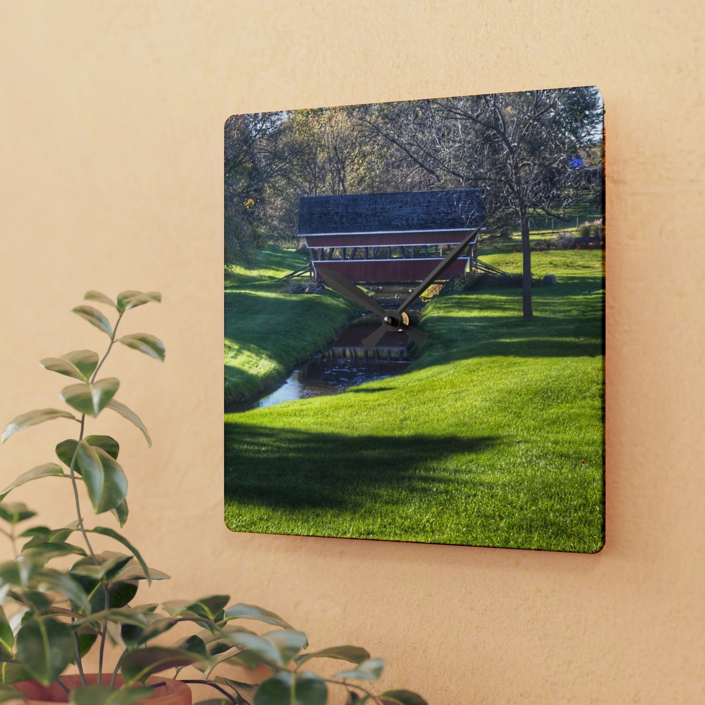 U R There Photography Hadley Covered Bridge I Rustic Farmhouse Acrylic Analog Wall Clock