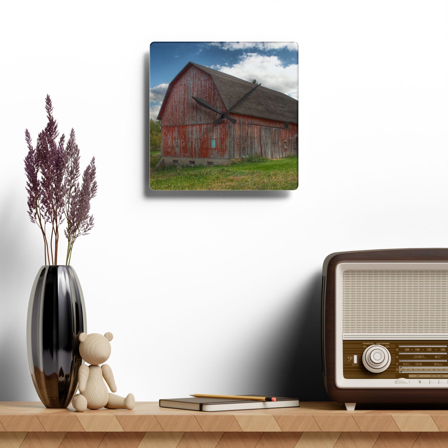 U R There Photography Baldwin Road Red Rustic Farmhouse Acrylic Analog Wall Clock