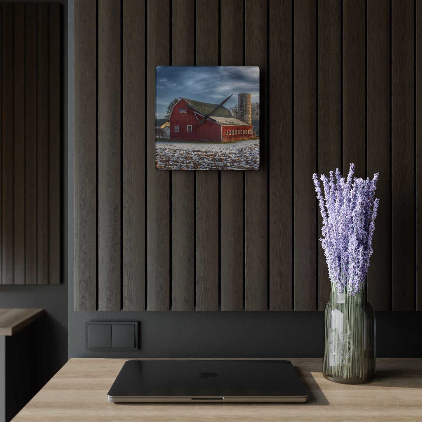 U R There Photography Mitchell Lake Road Red Rustic Farmhouse Acrylic Analog Wall Clock