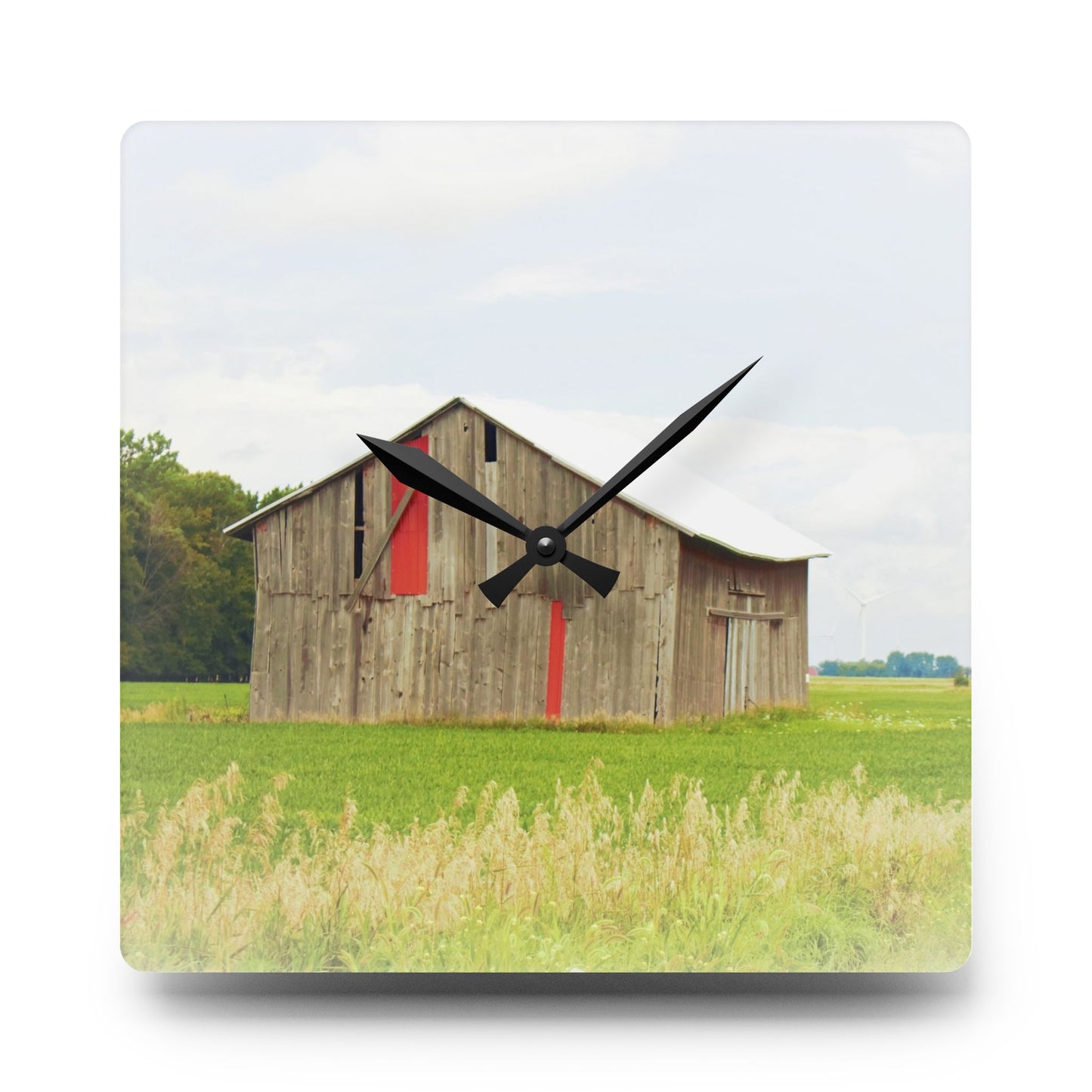 U R There Photography Square Barn with Barn in the Distance Rustic Farmhouse Acrylic Analog Wall Clock