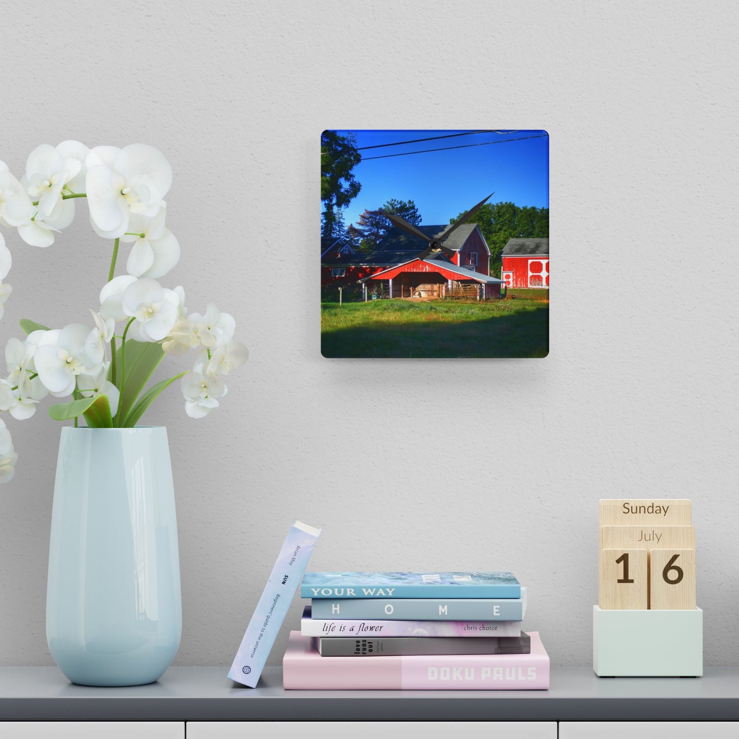 U R There Photography Rochester Road Little Red Farm Rustic Farmhouse Acrylic Analog Wall Clock
