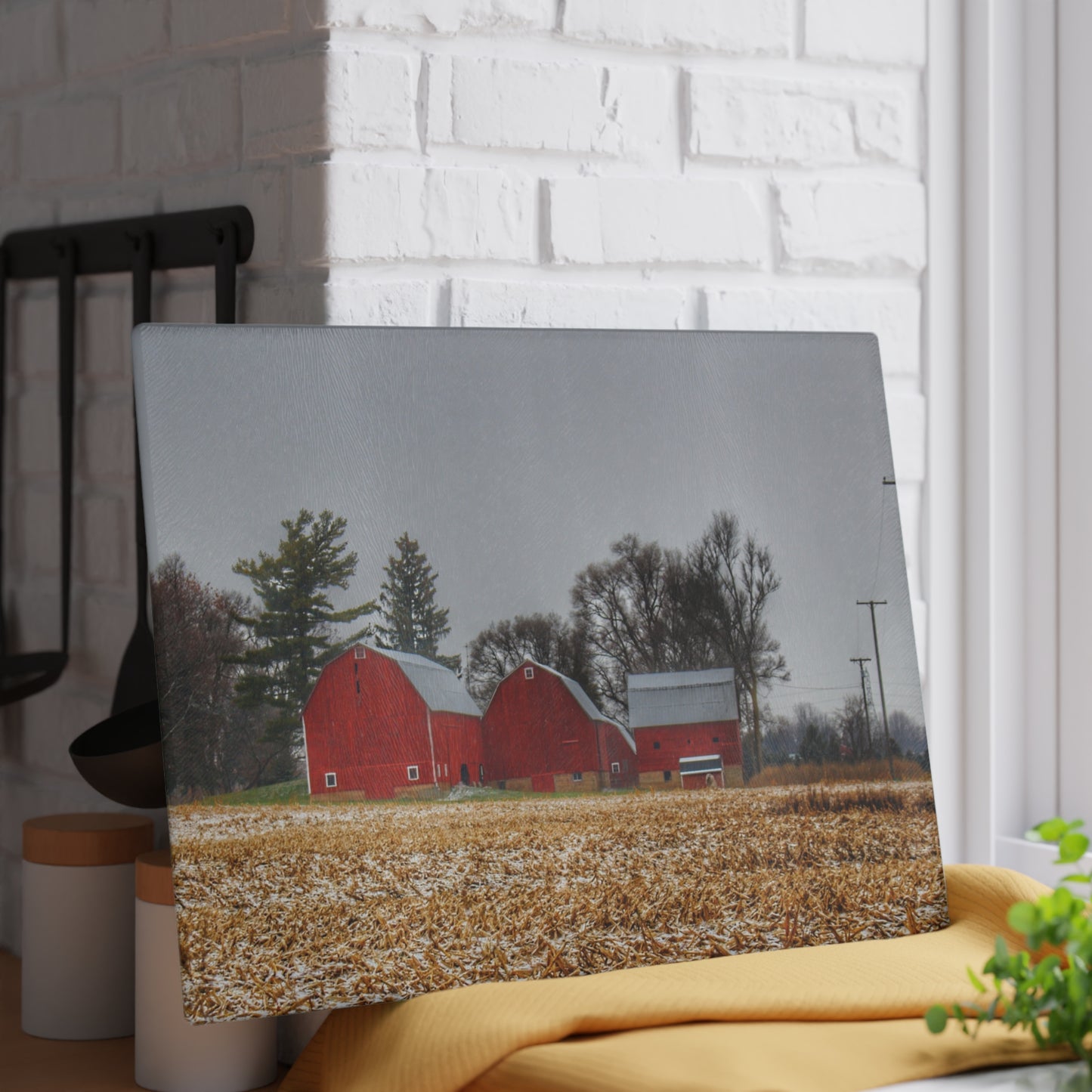 U R There Photography Shoemaker Road Winter Reds II Rustic Farmhouse Tempered-Glass Cutting Board