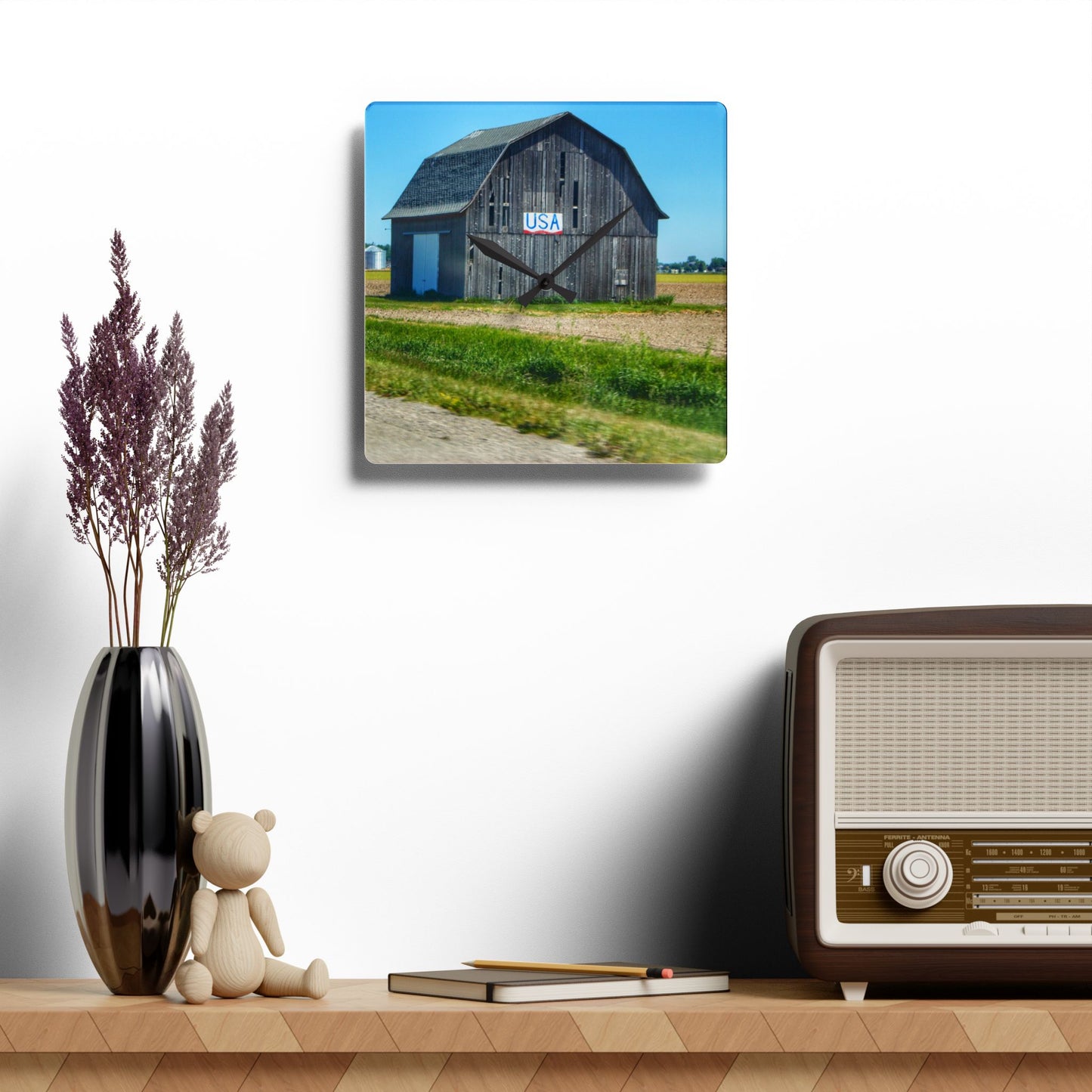 U R There Photography Unionville M-25 USA Grey Rustic Farmhouse Acrylic Analog Wall Clock