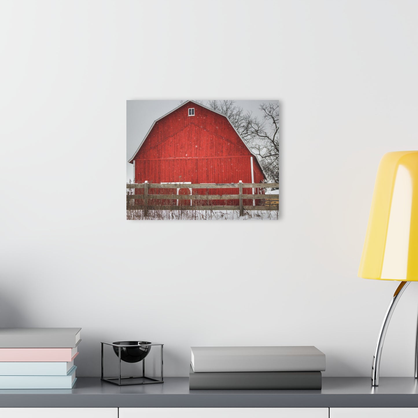U R There Photography Big Red Beyond the Fence Rustic Farmhouse Acrylic Wall Print