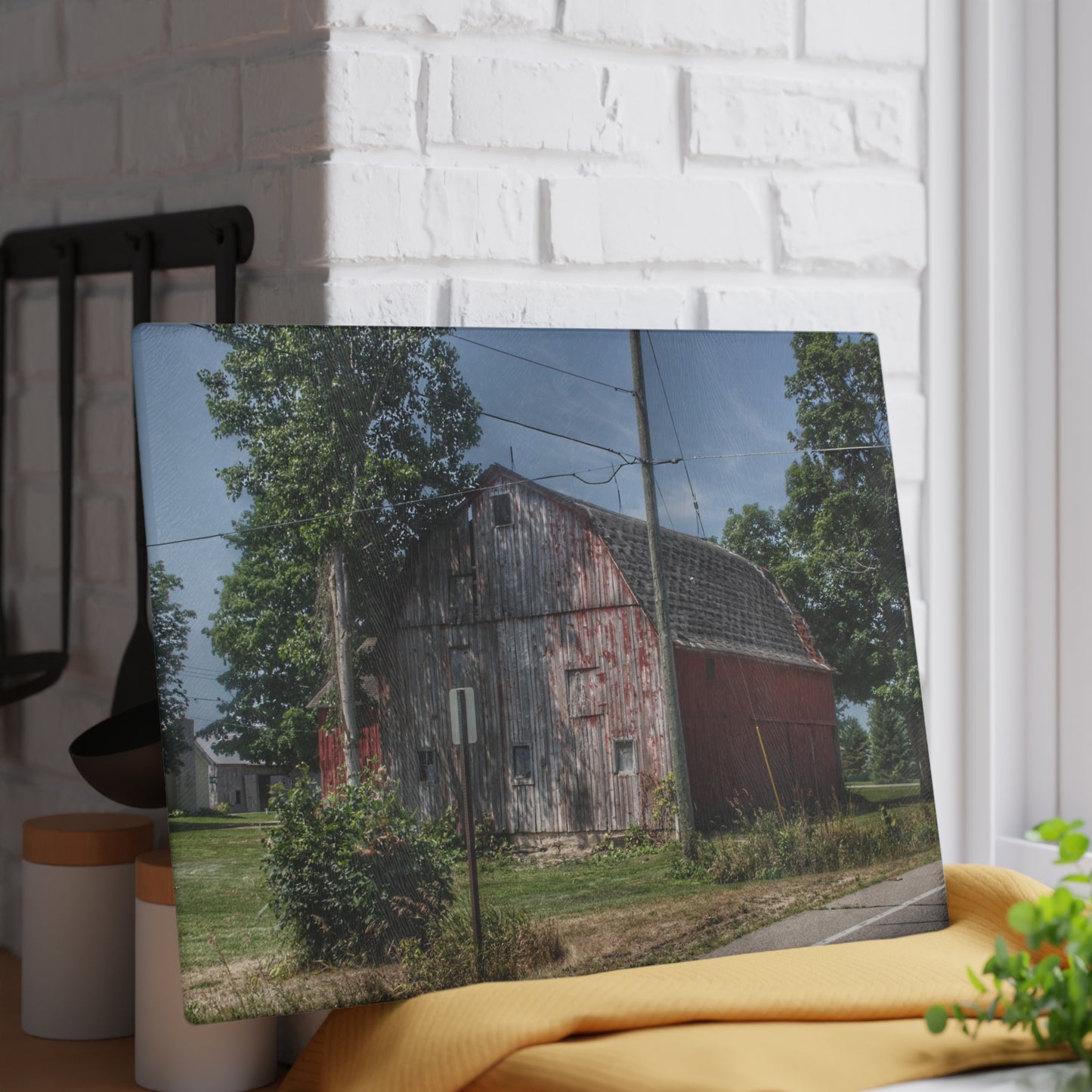 U R There Photography Roods Lake Road Red II Rustic Farmhouse Tempered-Glass Cutting Board