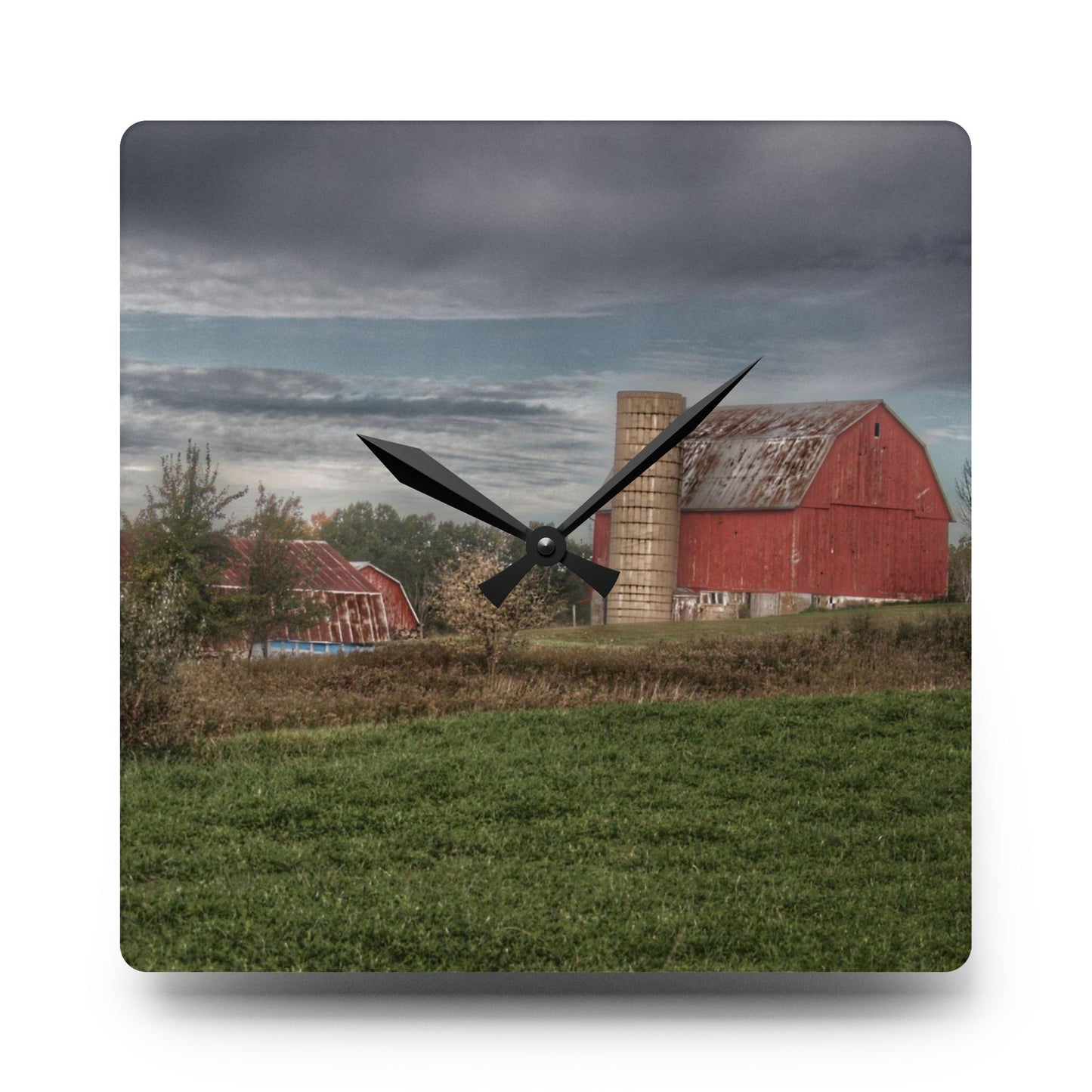 U R There Photography Clear Lake Road Red Rustic Farmhouse Acrylic Analog Wall Clock