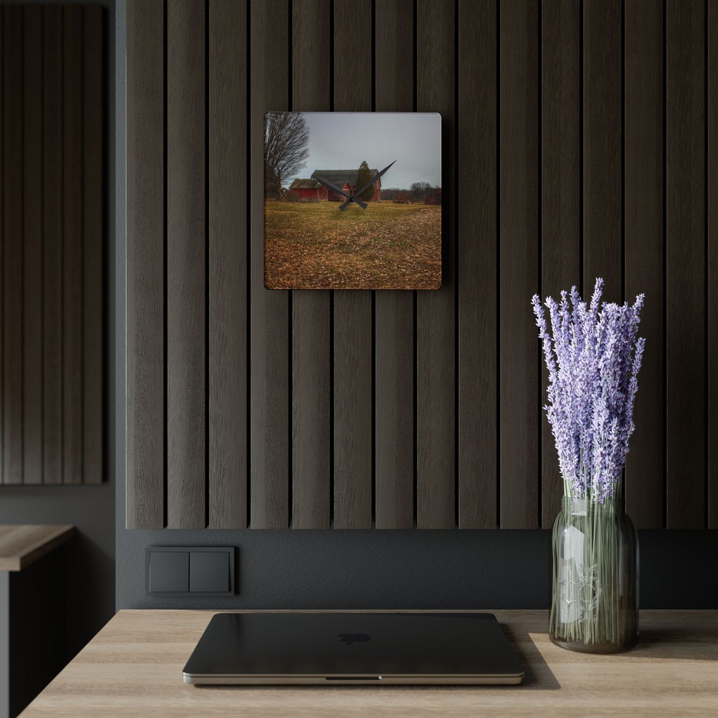 U R There Photography Wilder Road Reds Rustic Farmhouse Acrylic Analog Wall Clock