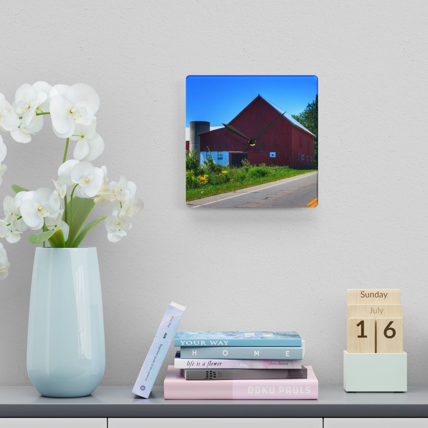 U R There Photography Dryden Road Red Rustic Farmhouse Acrylic Analog Wall Clock